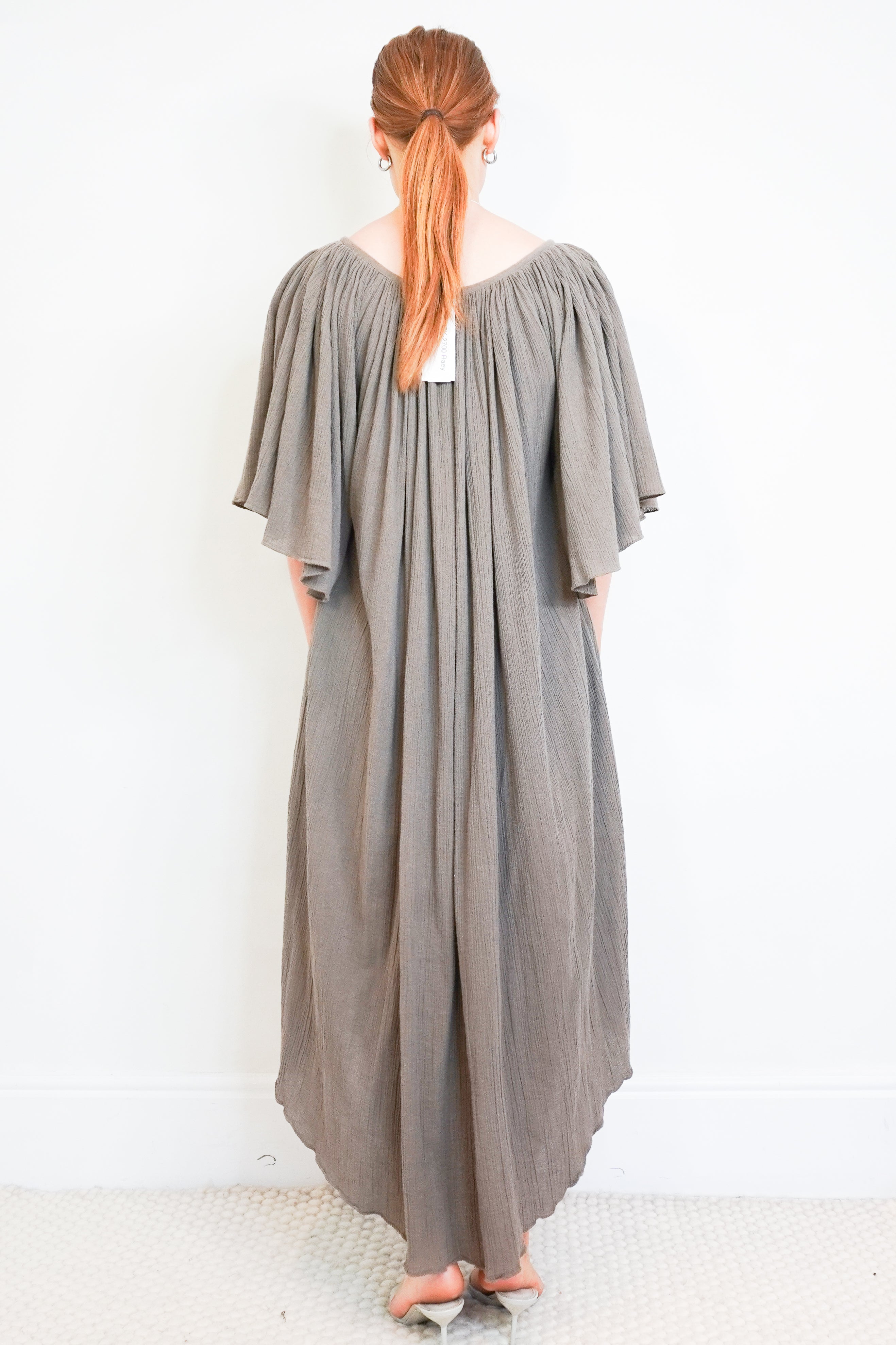 Raey Angel Sleeve Cotton Cheesecloth Maxi Dress in Grey back photo chelsea london