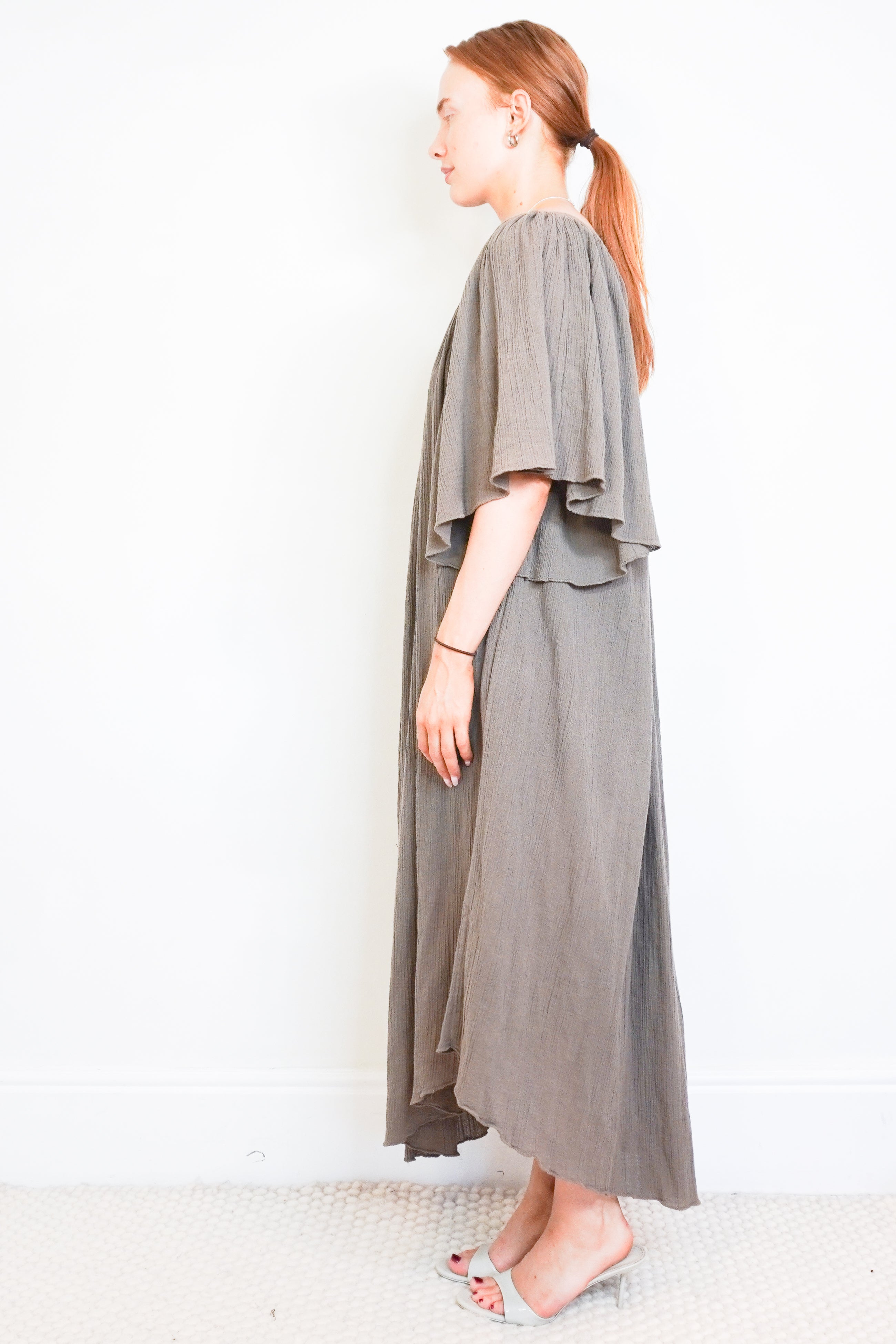 Raey Angel Sleeve Cotton Cheesecloth Maxi Dress in Grey side photo chelsea london