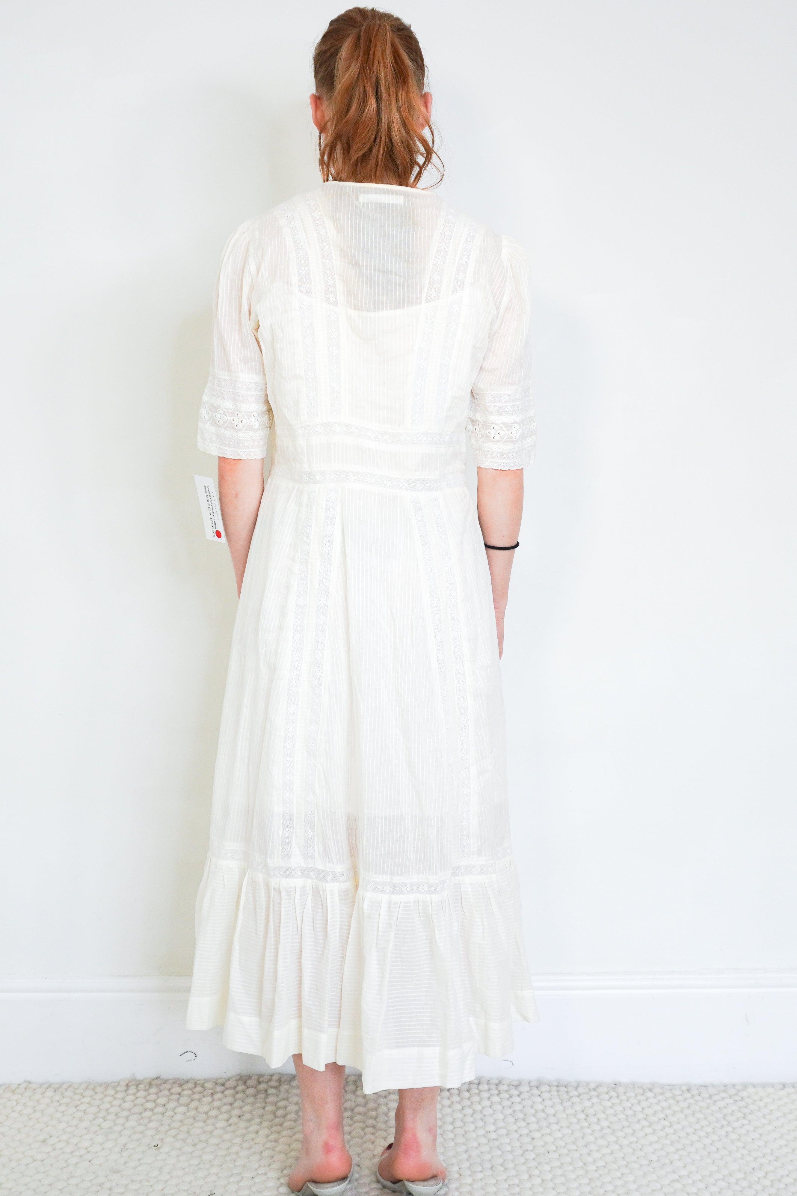 Reformation Cream Lace Cotton Midi Dress back photo chelsea london