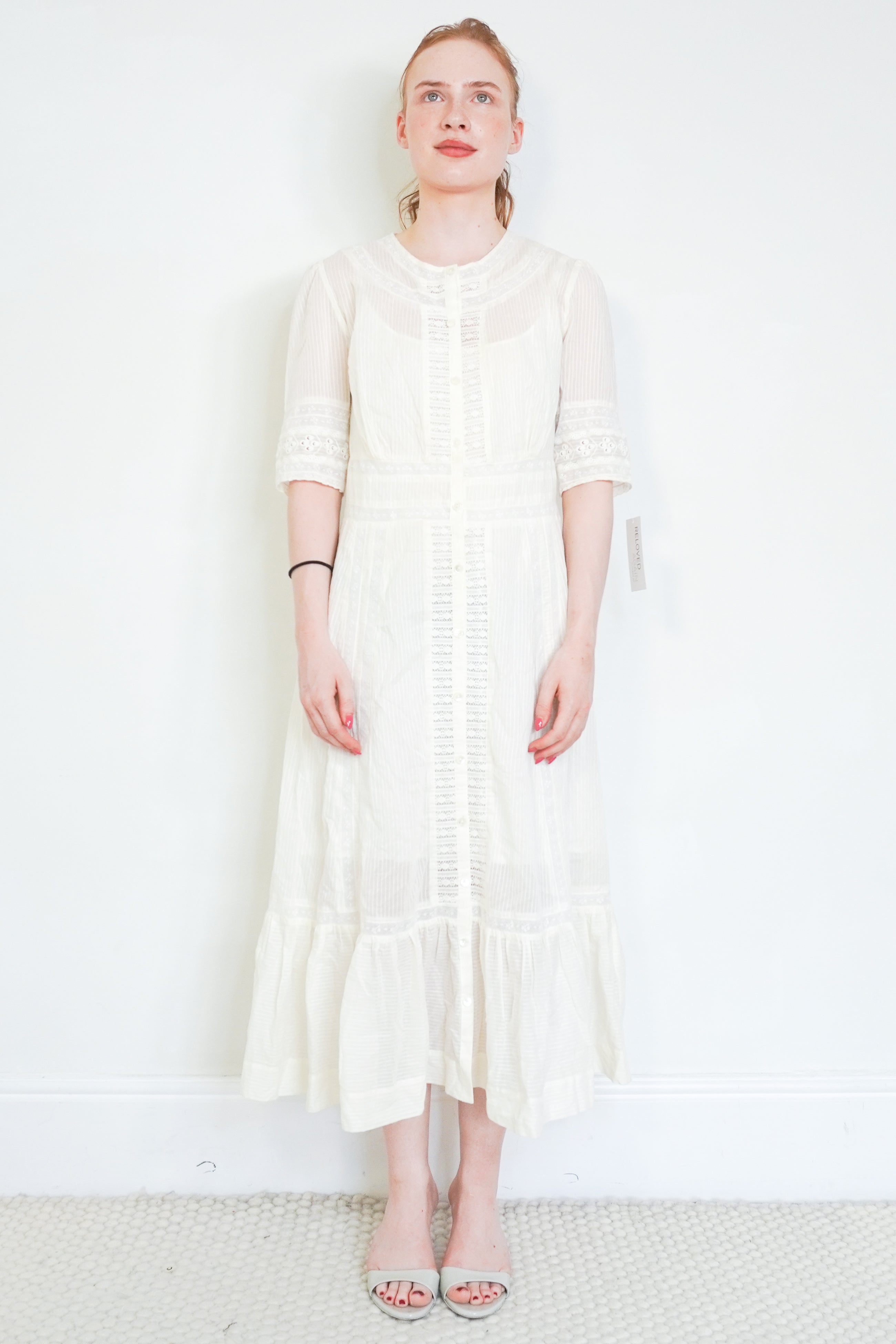 Reformation Cream Lace Cotton Midi Dress front photo chelsea london