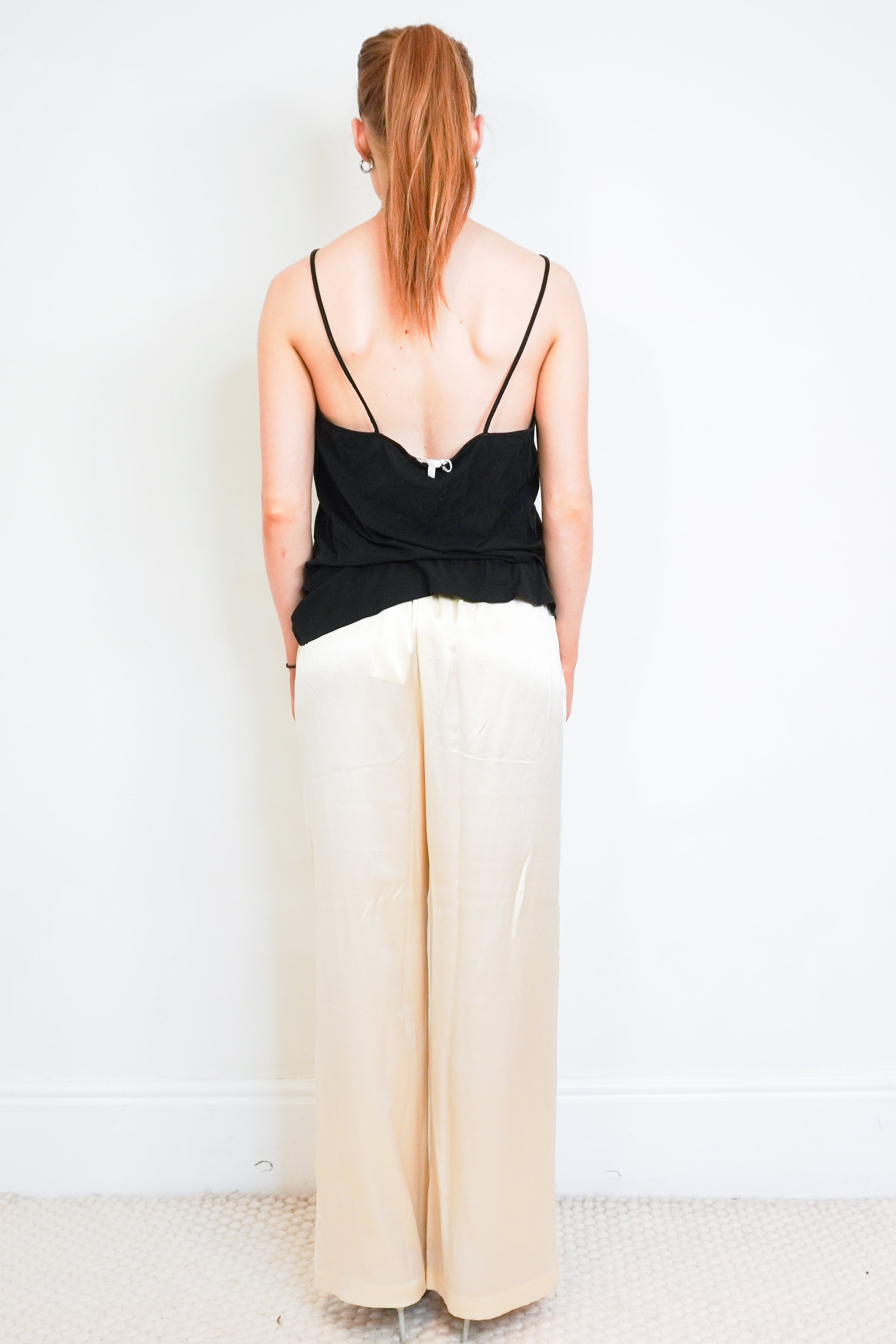 Reformation Cream Satin Wide Leg Trousers back photo chelsea london