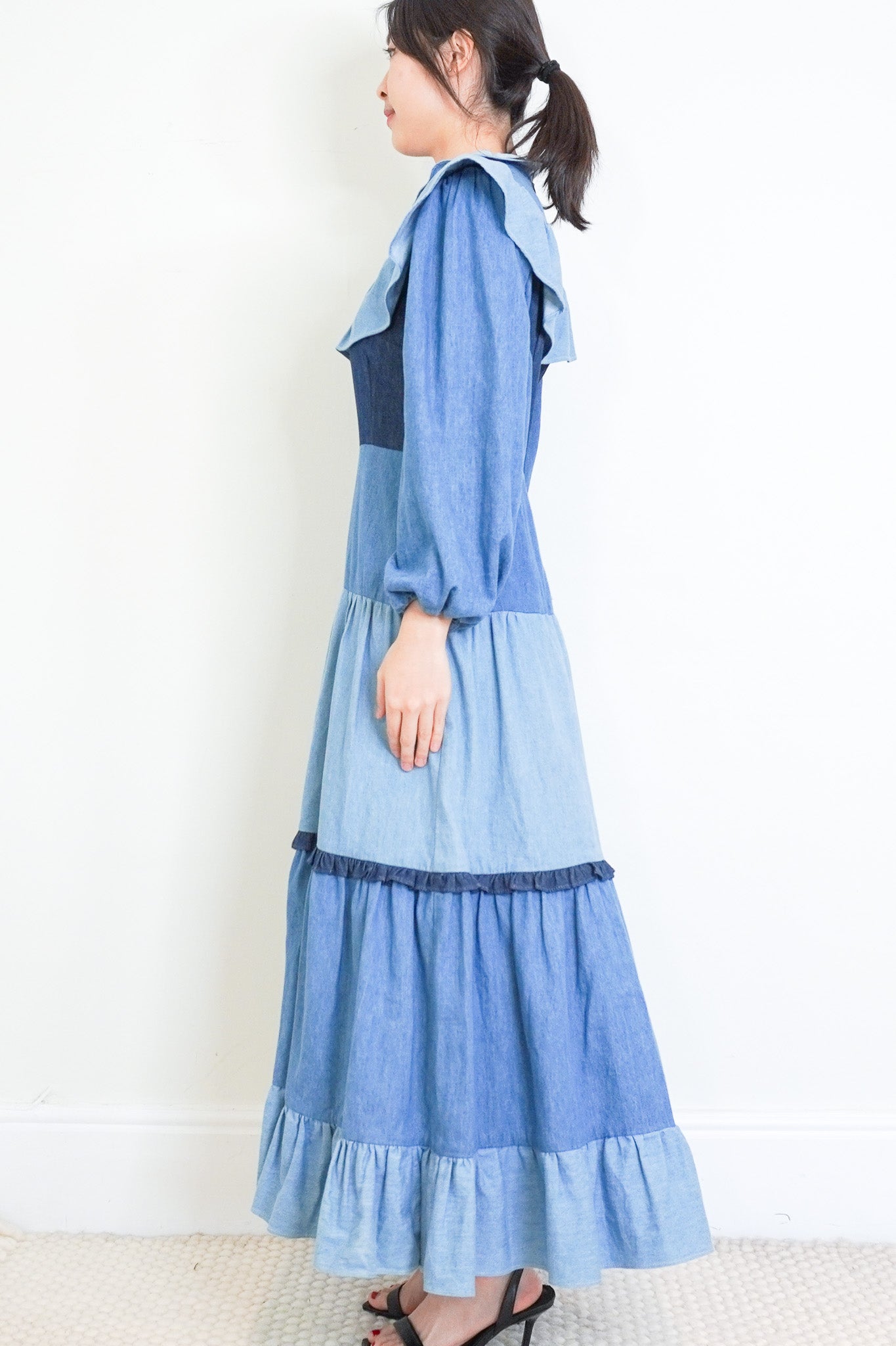 Rixo-Blue-Denim-Ruffle-Dress-side-picture