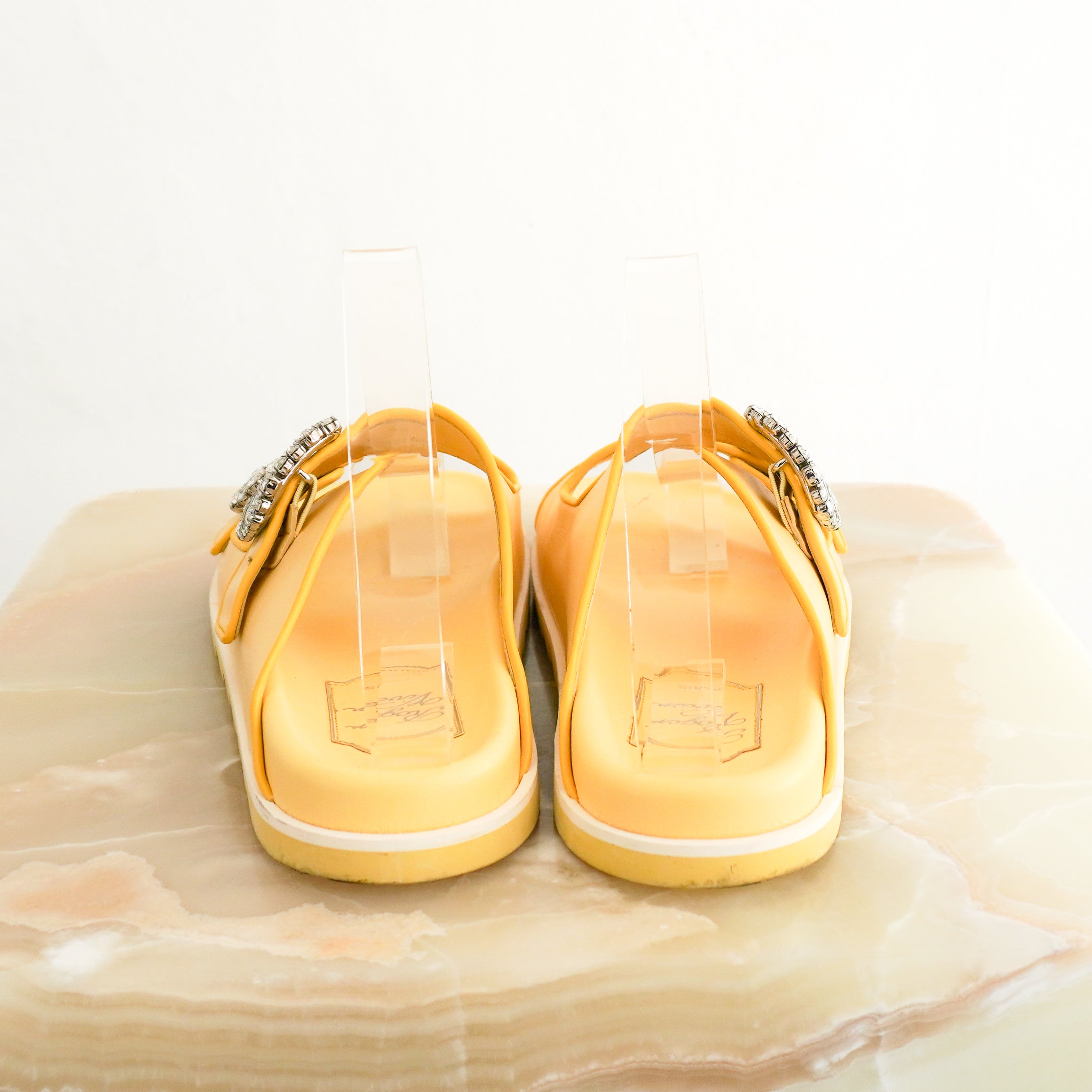 Roger Vivier Yellow Slidy Viv’ Crystal-Embellished Leather Sandals back photo chelsea london