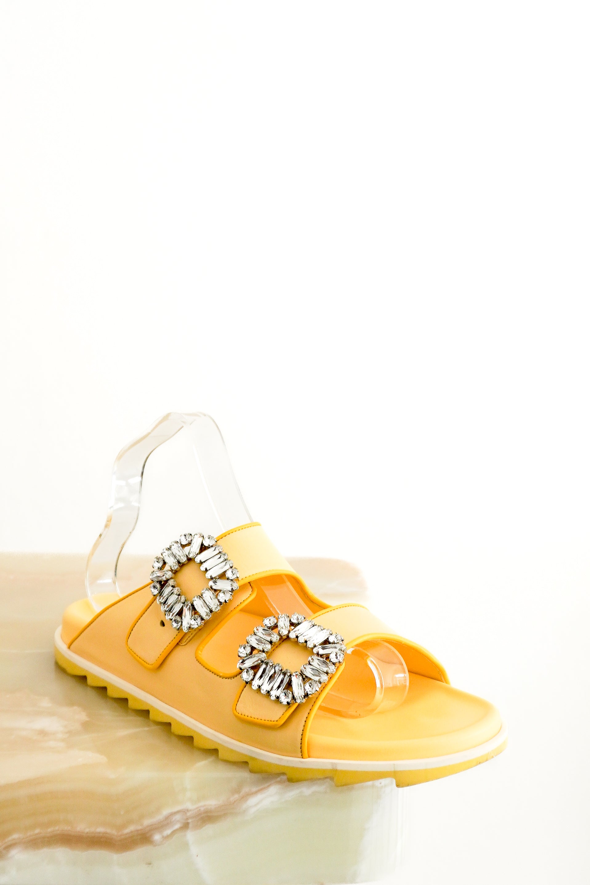 Roger Vivier Yellow Slidy Viv’ Crystal-Embellished Leather Sandals front photo chelsea london
