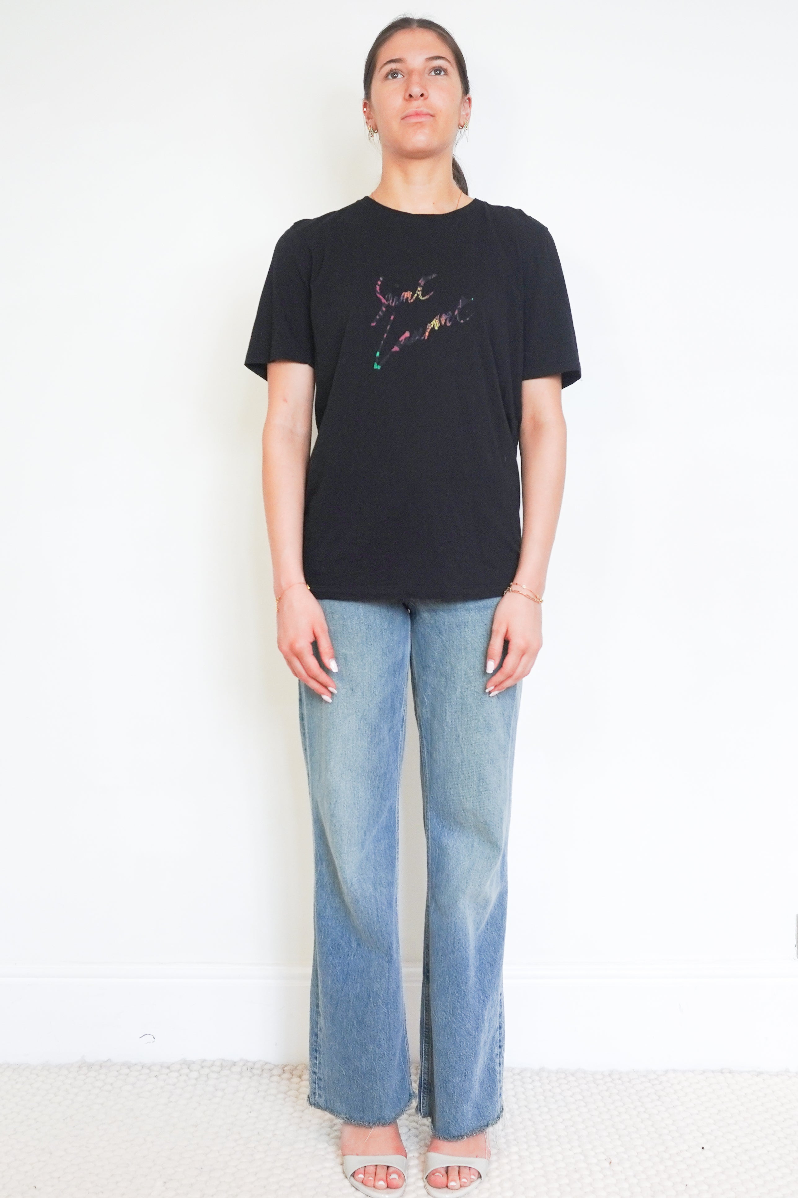 Saint Laurent Black Multicolour Signature Logo Cotton T-Shirt front photo chelsea london