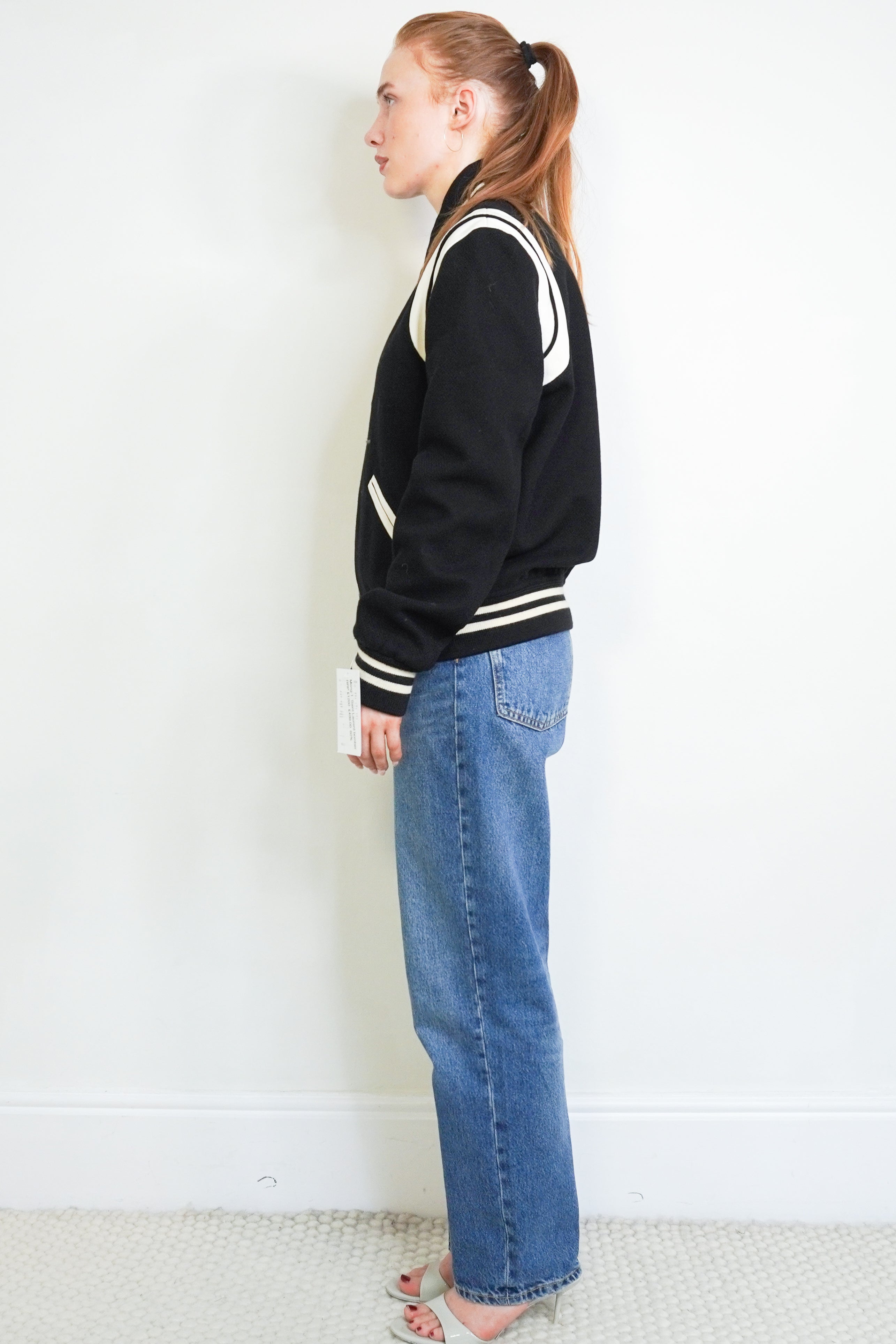 Saint Laurent Black Teddy Bomber Jacket side photo chelsea london