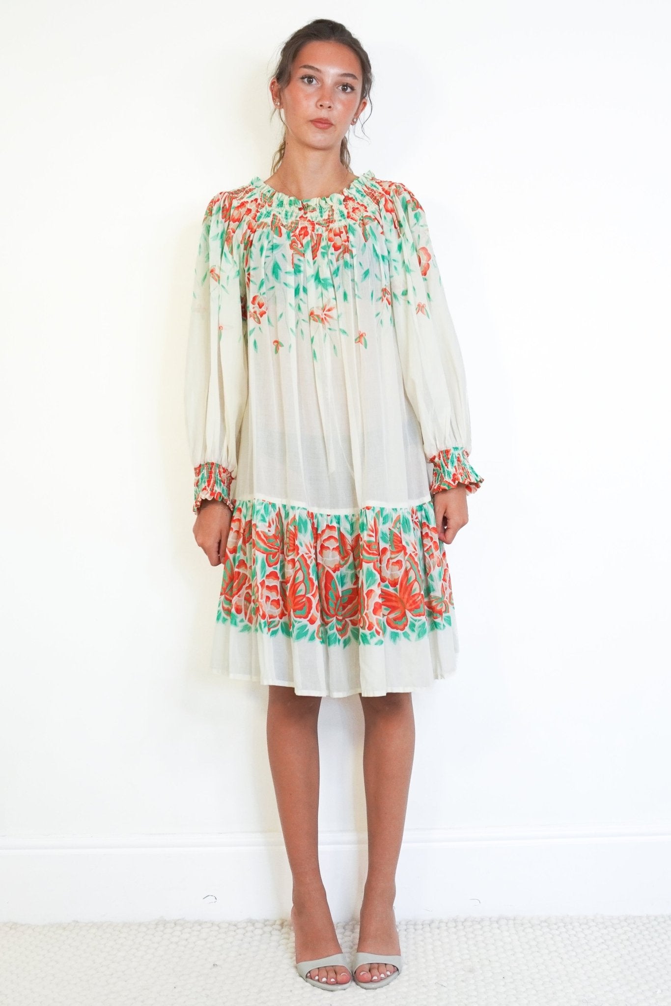 Saint Laurent Floral Print Smocked Dress in White, Green & Red (RRP £450) | Authentic & Preloved - Reloved Again