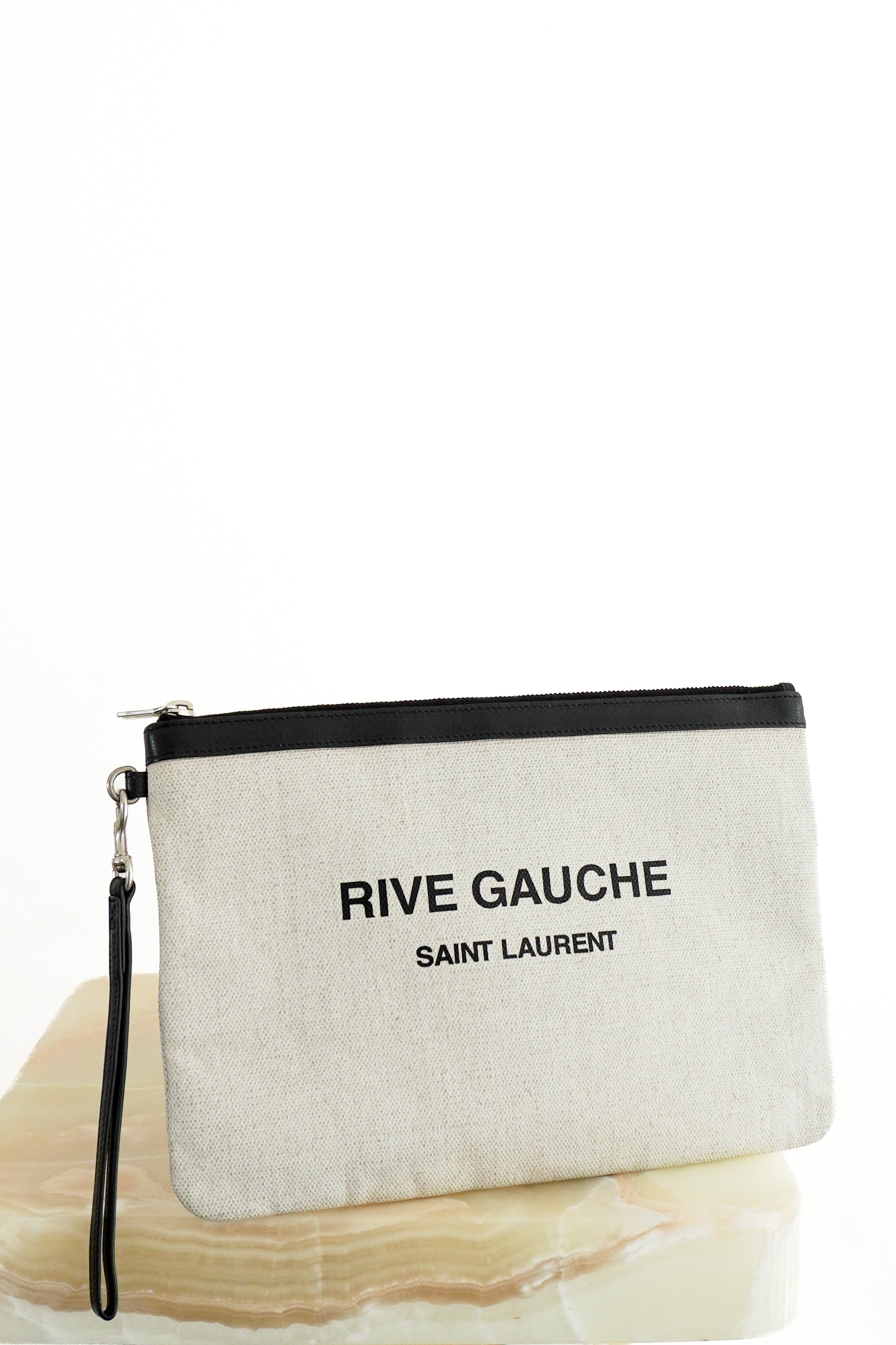 Saint Laurent Rive Gauche Zipped Pouch in Natural and Black front photo chelsea london