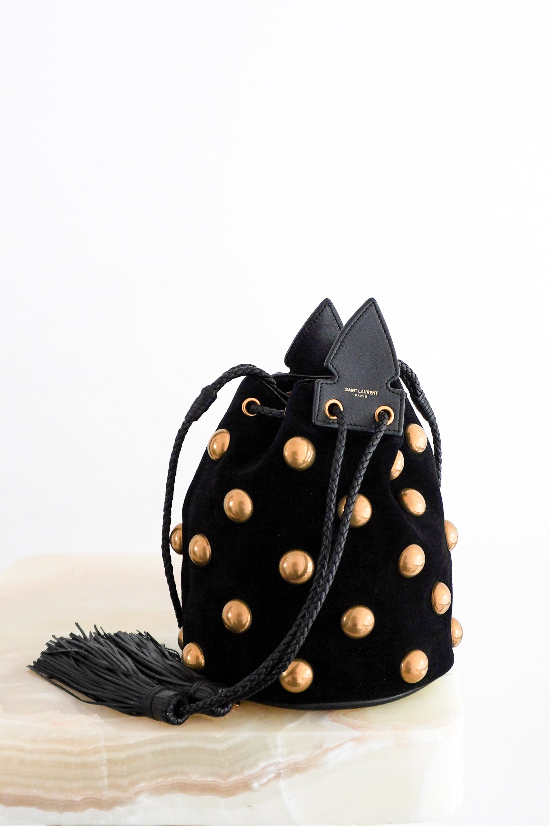 Saint Laurent Small Anja Studded Suede Bucket Bag in Black & Gold front photo chelsea london