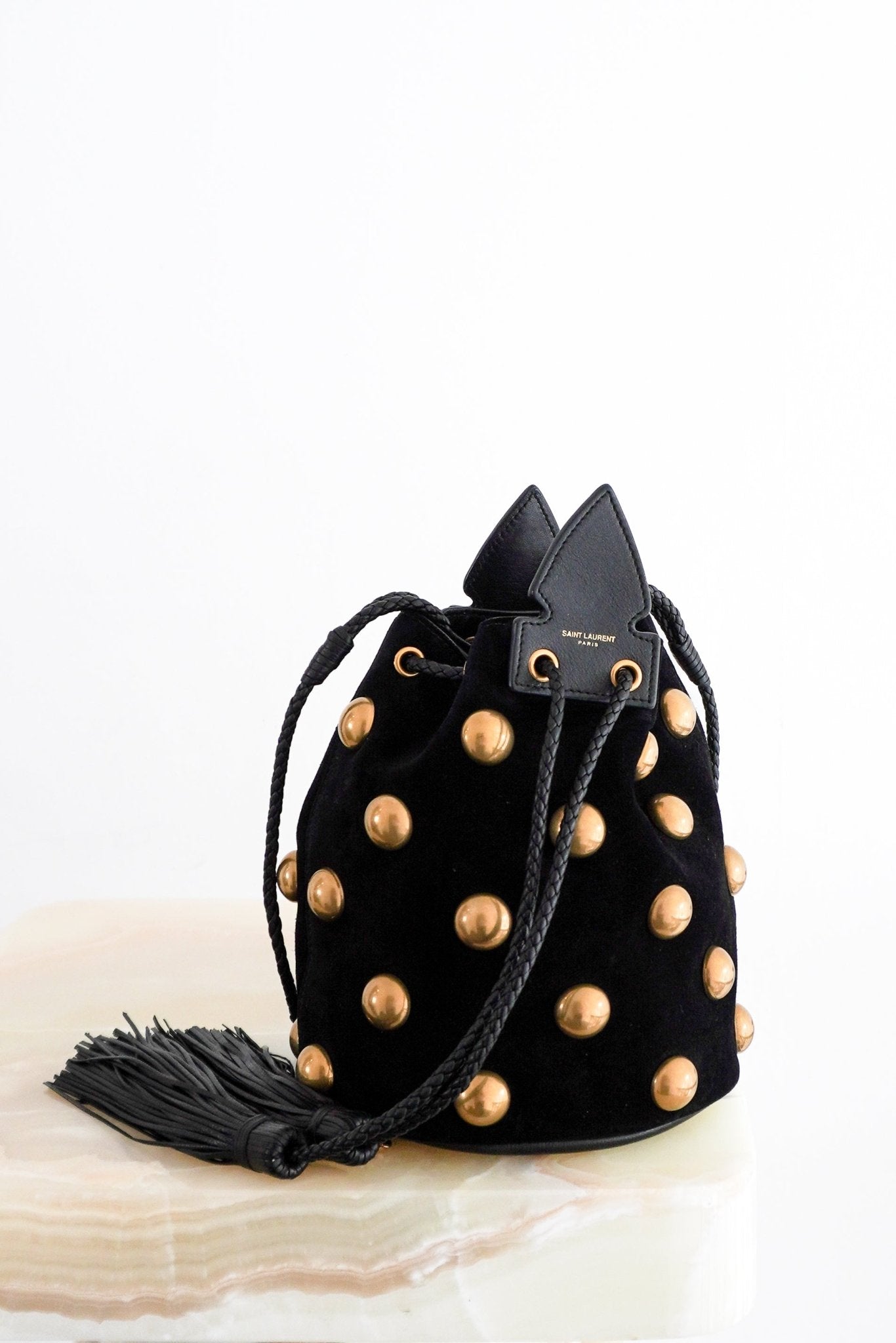 Saint Laurent Small Anja Studded Suede Bucket Bag in Black & Gold (RRP £1150) | Authentic Preloved - Reloved Again