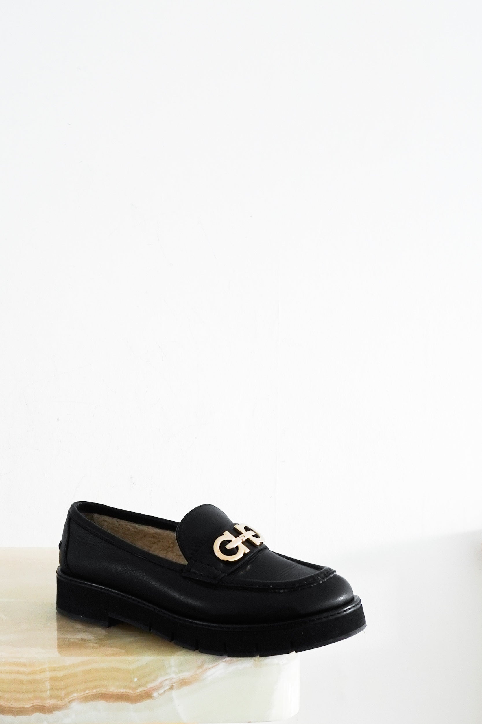 Salvatore-Ferragamo-Black-Leather-Shearling-Loafers-front-picture-Chelsea-London