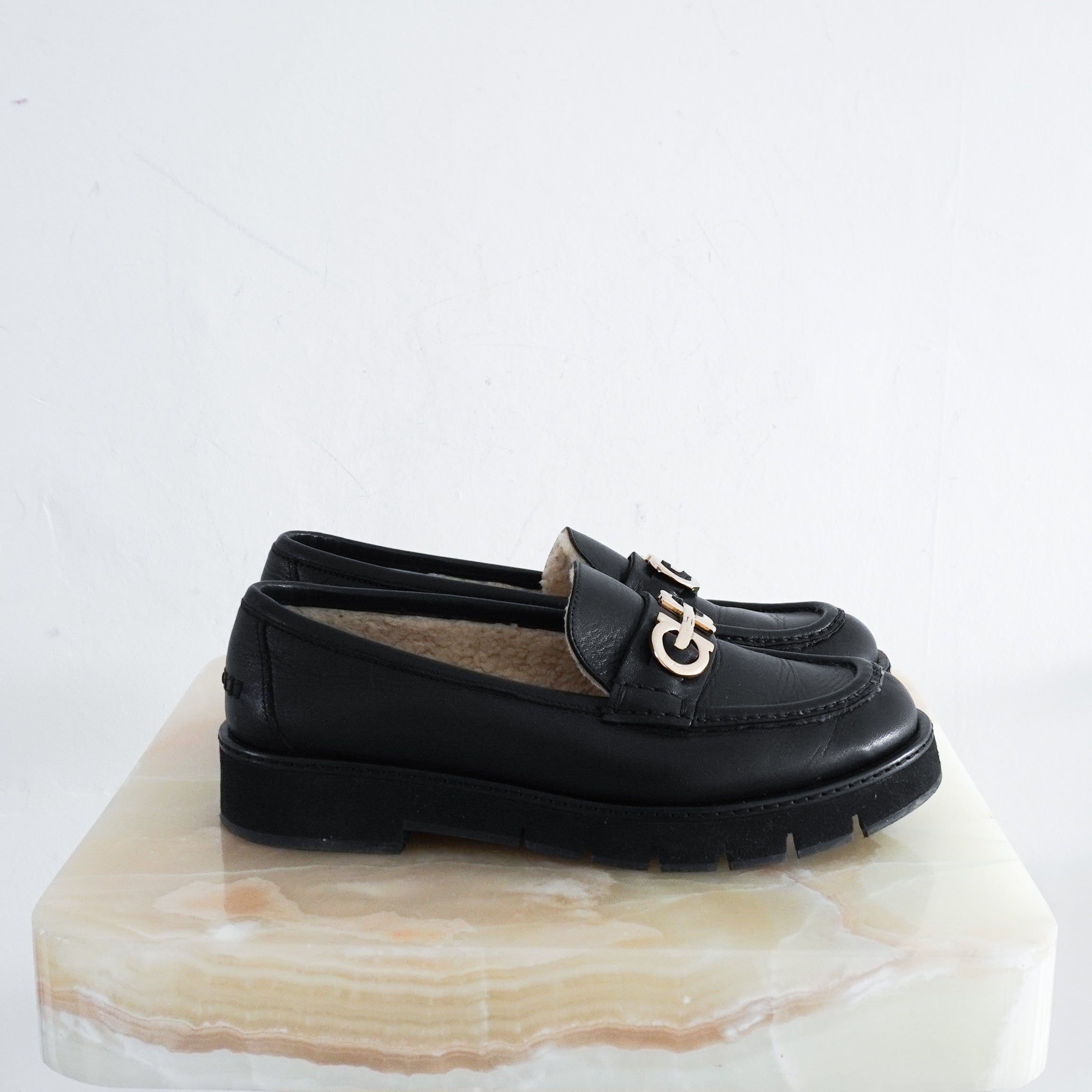 Salvatore-Ferragamo-Black-Leather-Shearling-Loafers-side-picture-Chelsea-London