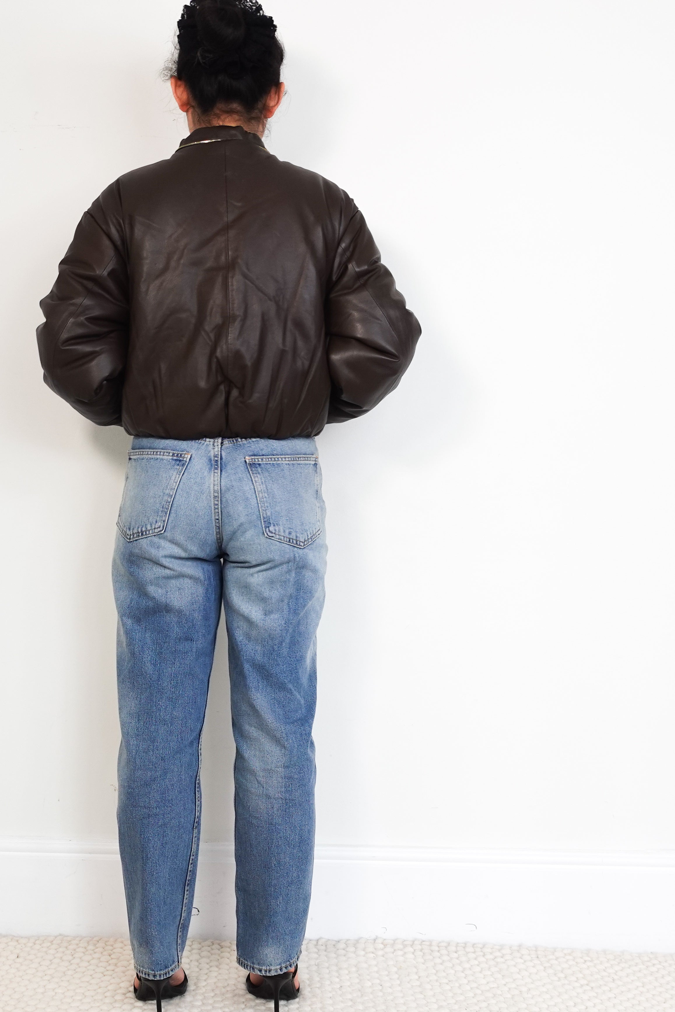 Sandro-Brown-Pleather-Cropped-Bomber-Jacket-back-picture-Chelsea-London