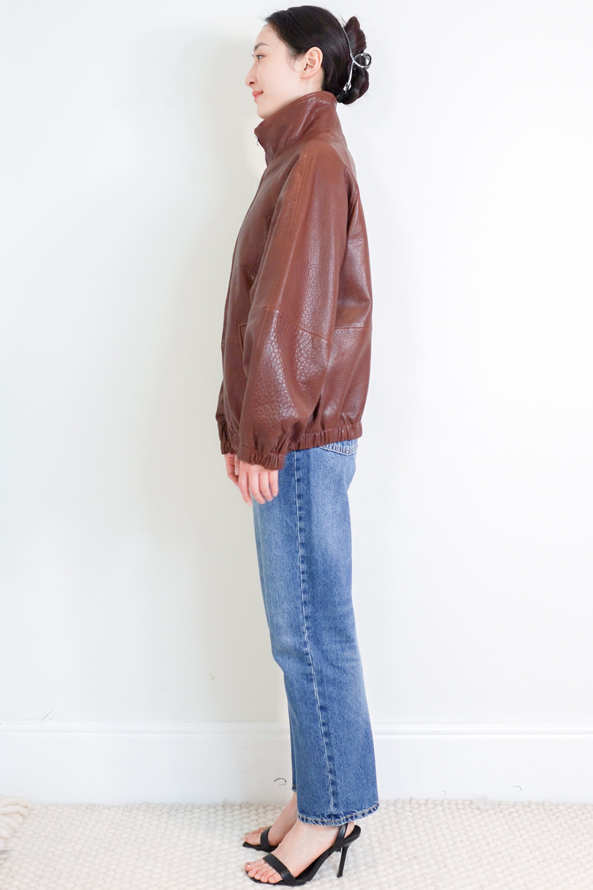 Sandro-Brown-Raglan-Leather-Jacket-side-picture-Chelsea-London