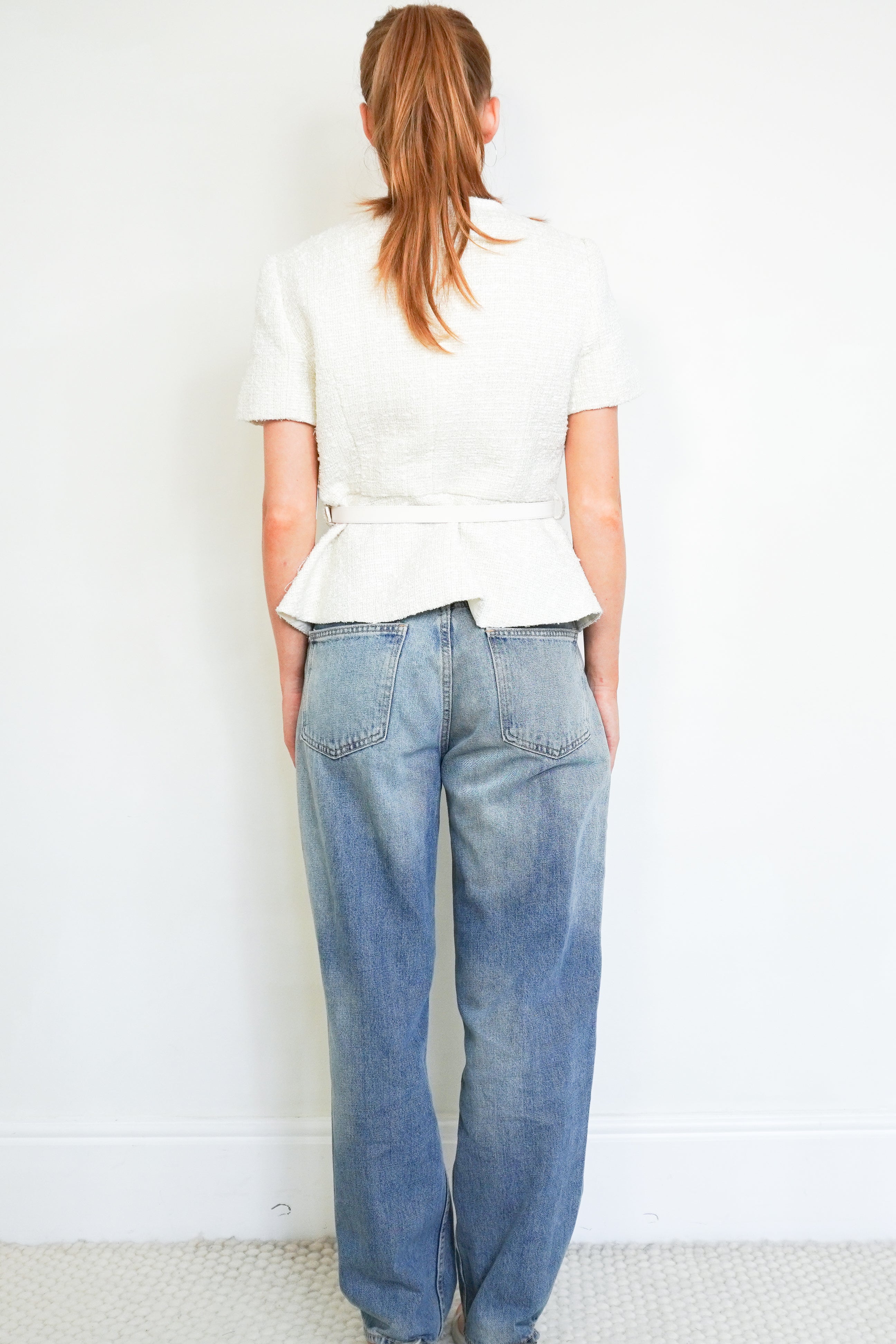 Self-Portrait White Bouclé Belted Peplum Jacket back photo chelsea london
