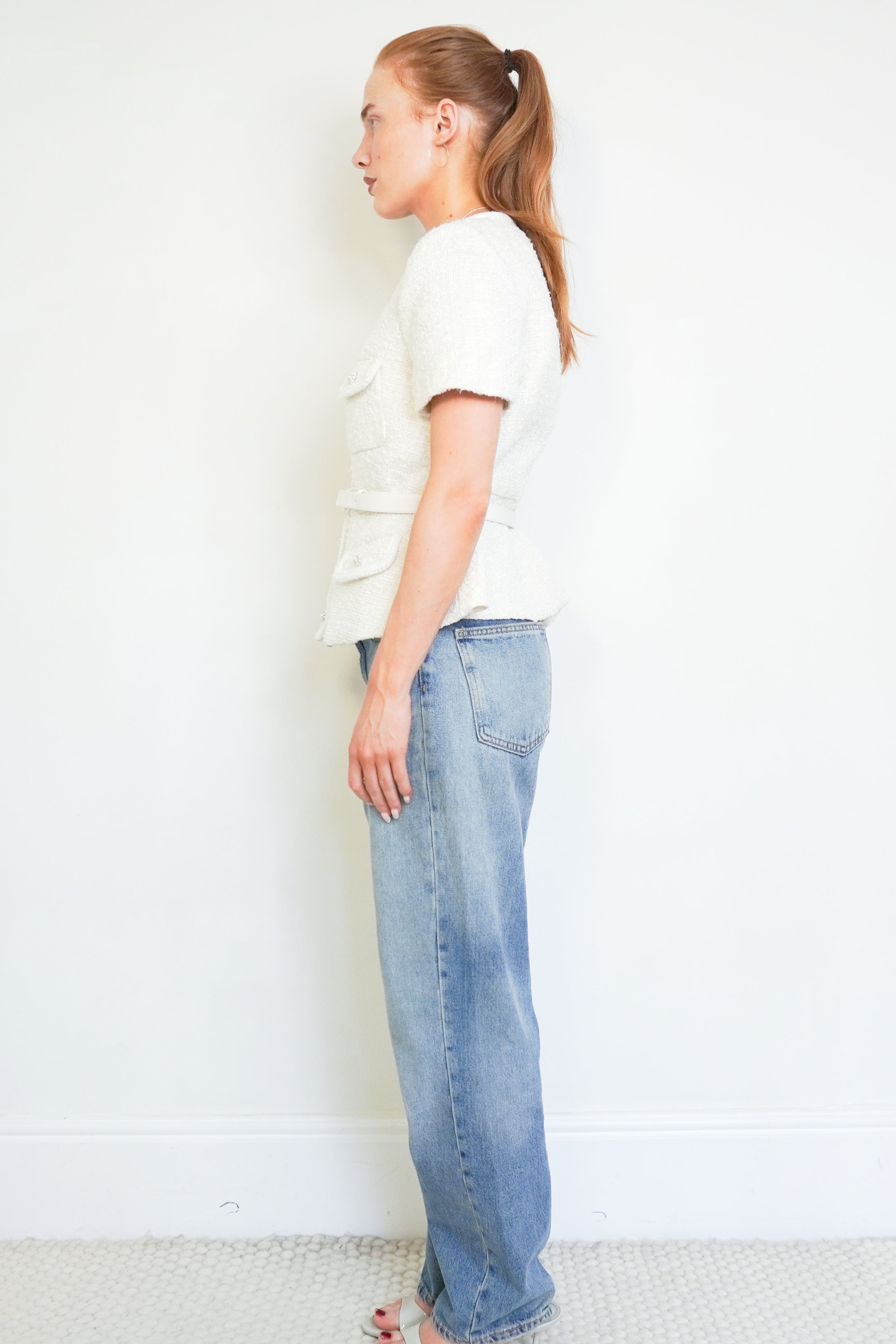 Self-Portrait White Bouclé Belted Peplum Jacket side photo chelsea london