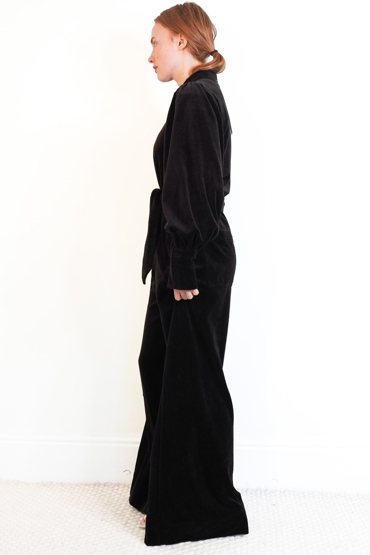 Side: Black Velvet Belted Wide-Leg Jumpsuit