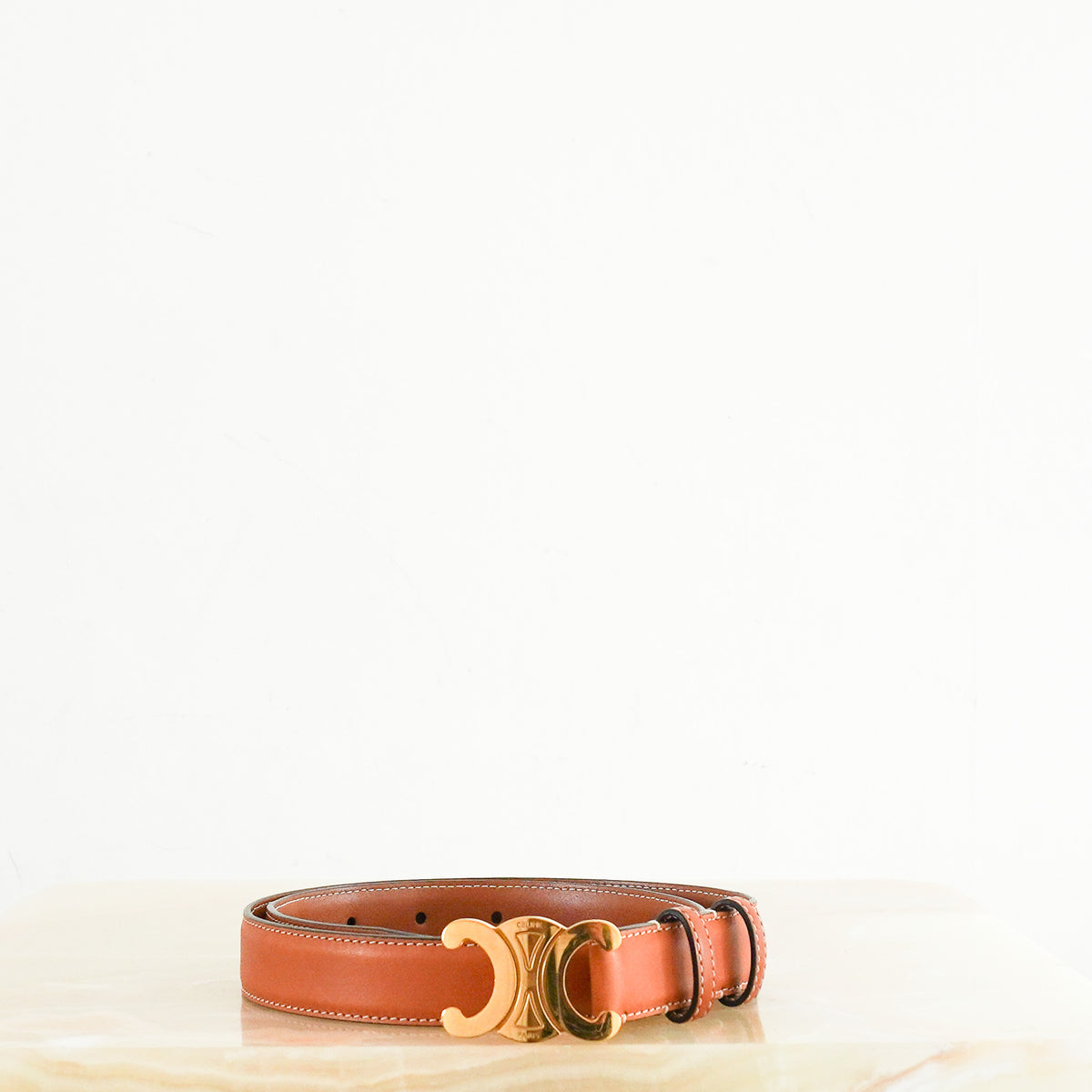 Side: Celine Triomphe Brown Gold Tone Belt