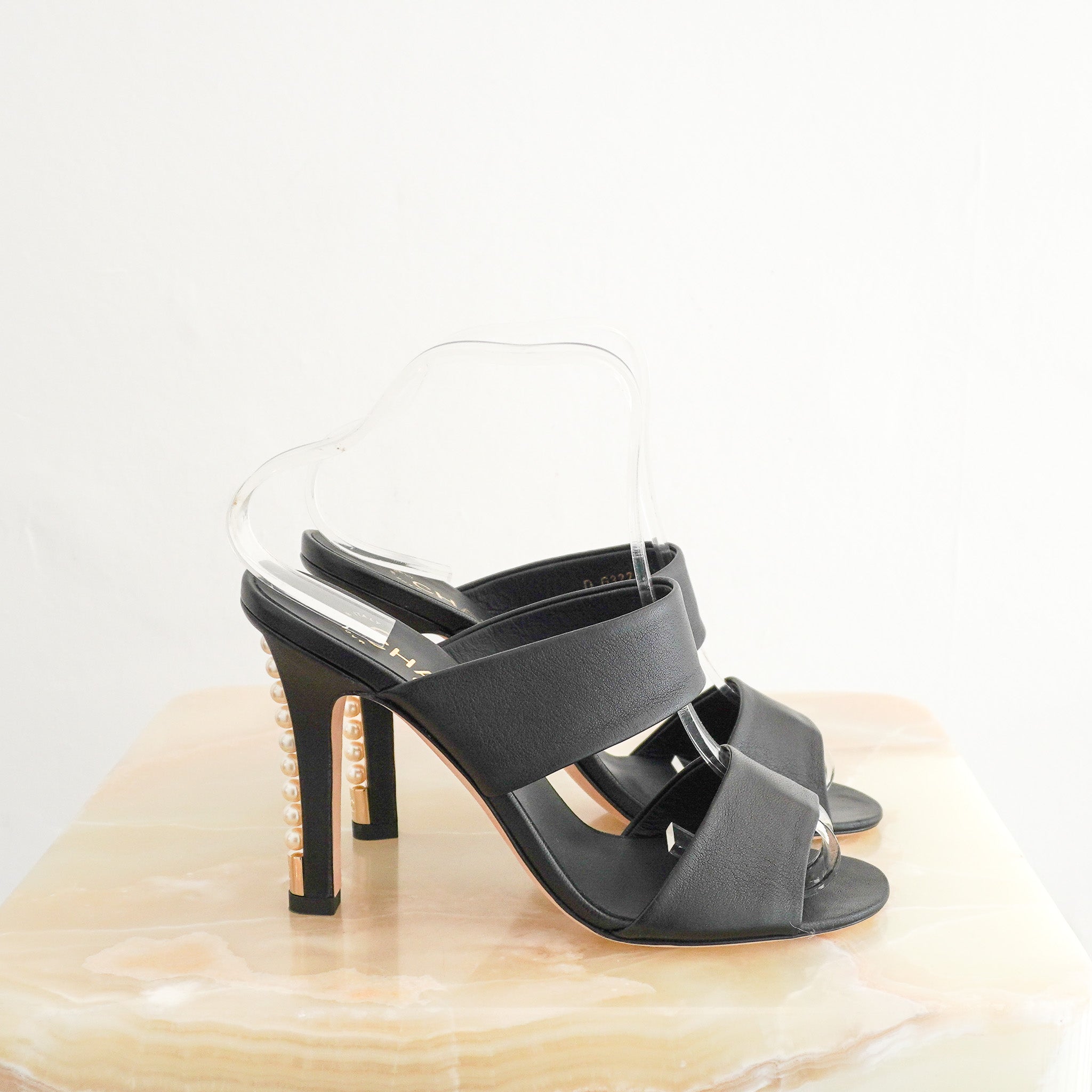 Side Chanel Black Leather Pearl Heels Chelsea London