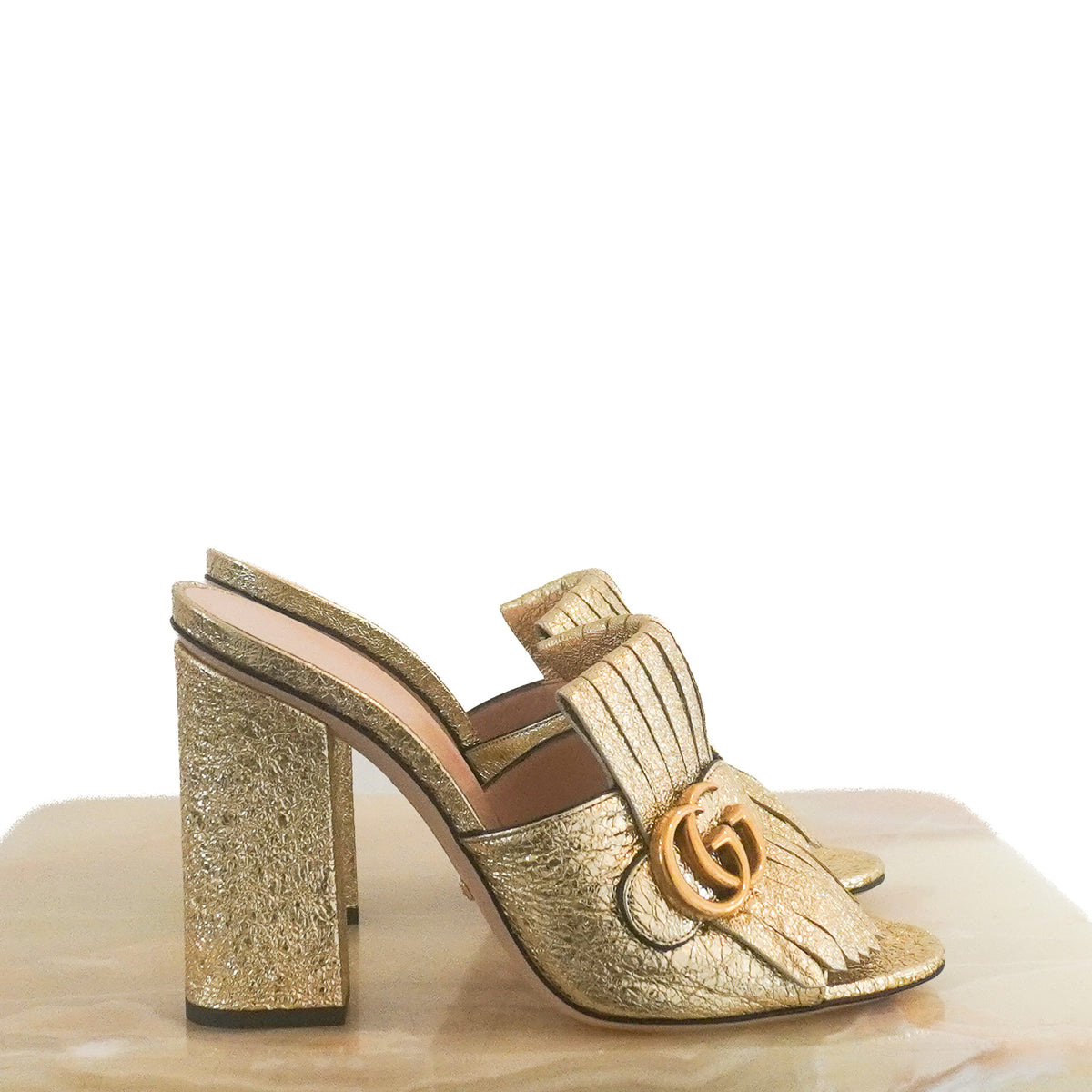 Gucci Gold Marmont GG Fringe Leather Heeled Mules | (RRP £850) Authentic Preloved - Reloved Again