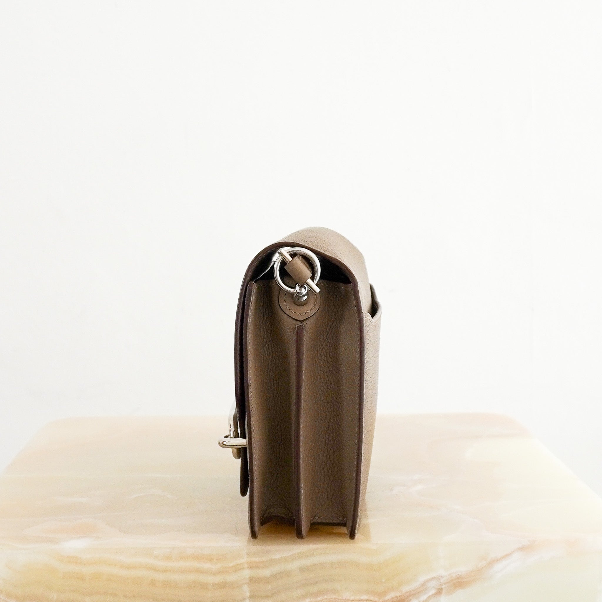 Front Hermès Mini Roulis 18 Bag in Etoupe with Palladium Hardware