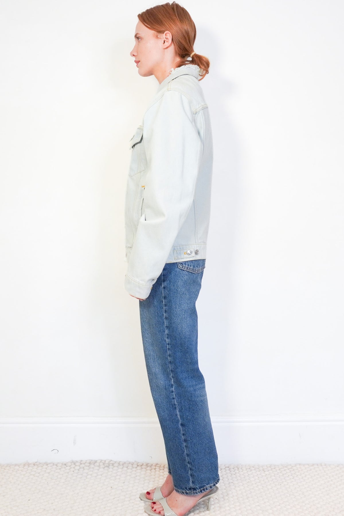 Side Image: Balenciaga Scarf Frayed Light Wash Denim Jacket