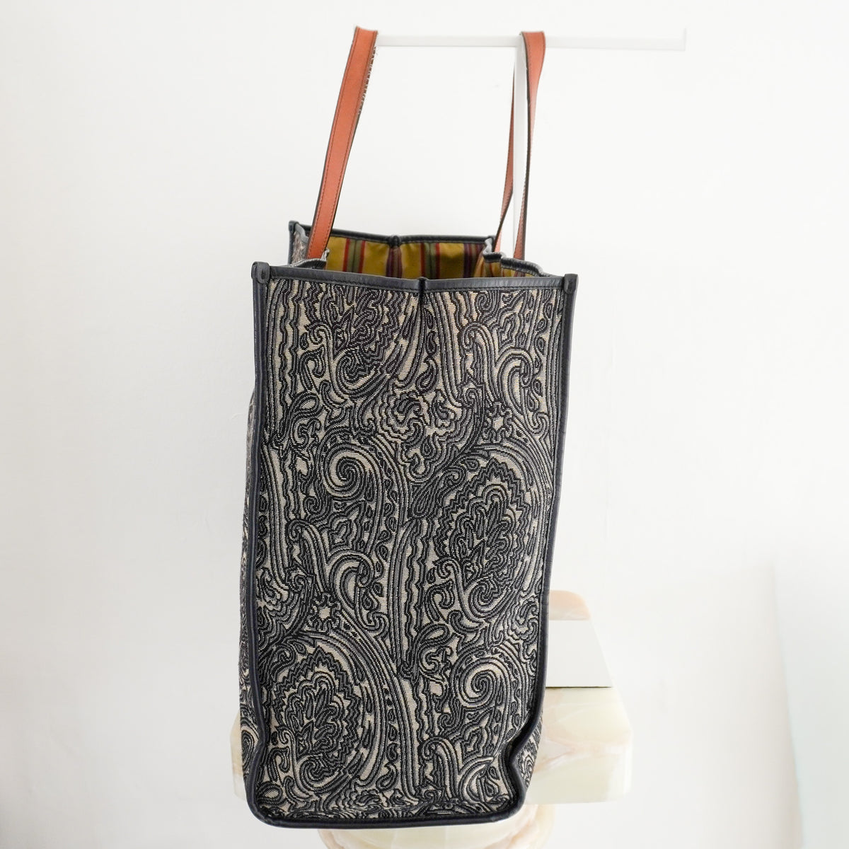 Side Image: Etro Navy Blue Paisley Jacquard and Leather Shopper Tote