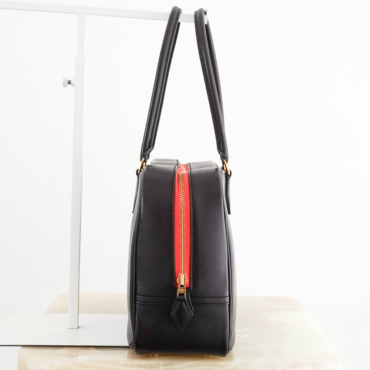 Side Image: Hermes Plume 28 Bag in Calfskin Black Leather Yellow Gold Plate