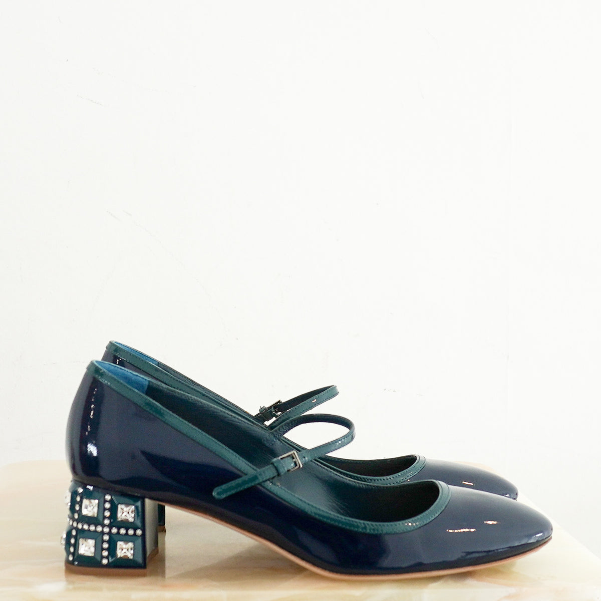 Side Image: Miu Miu Patent Leather Embellished-Heel Mary Jane Shoes