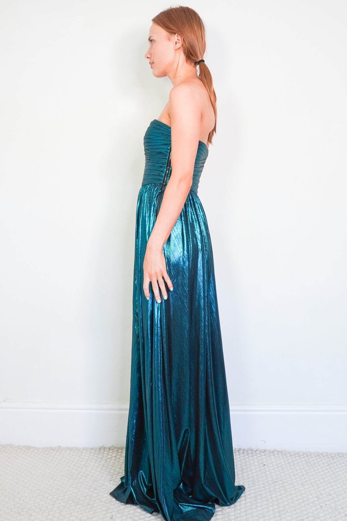 Side Image: Retrofete Metallic Strapless Green Dress