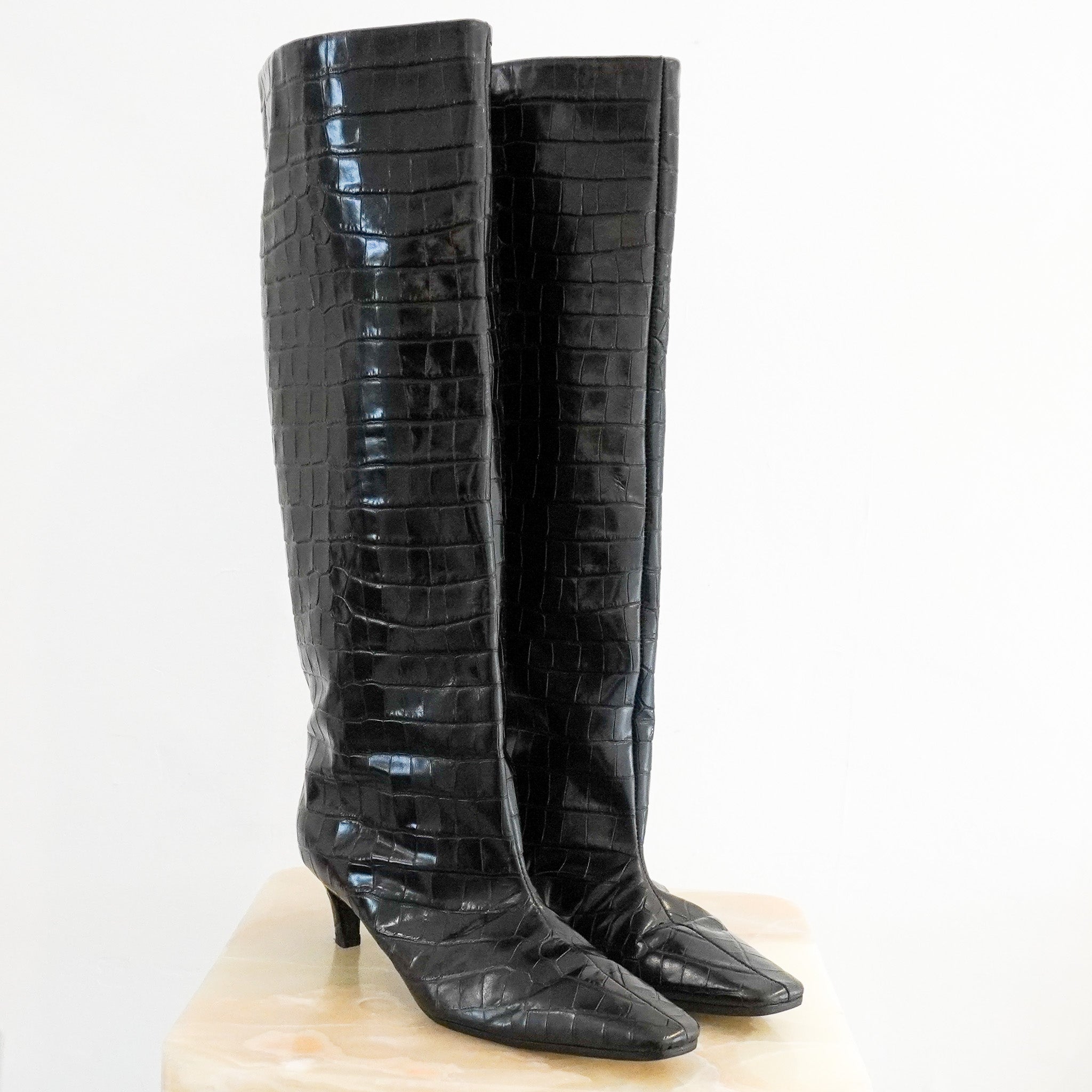 Side Image: Toteme Croc-effect Knee High Boots in Black