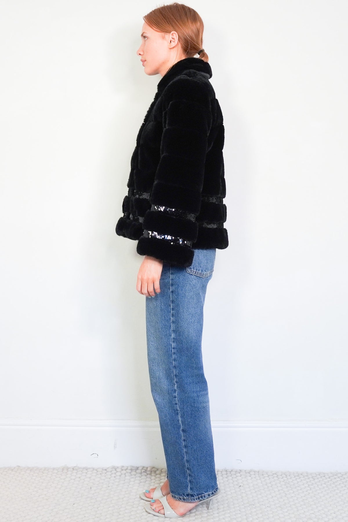 Side Image: Twinset Milano Faux Fur Black Jacket with Sequin Detail