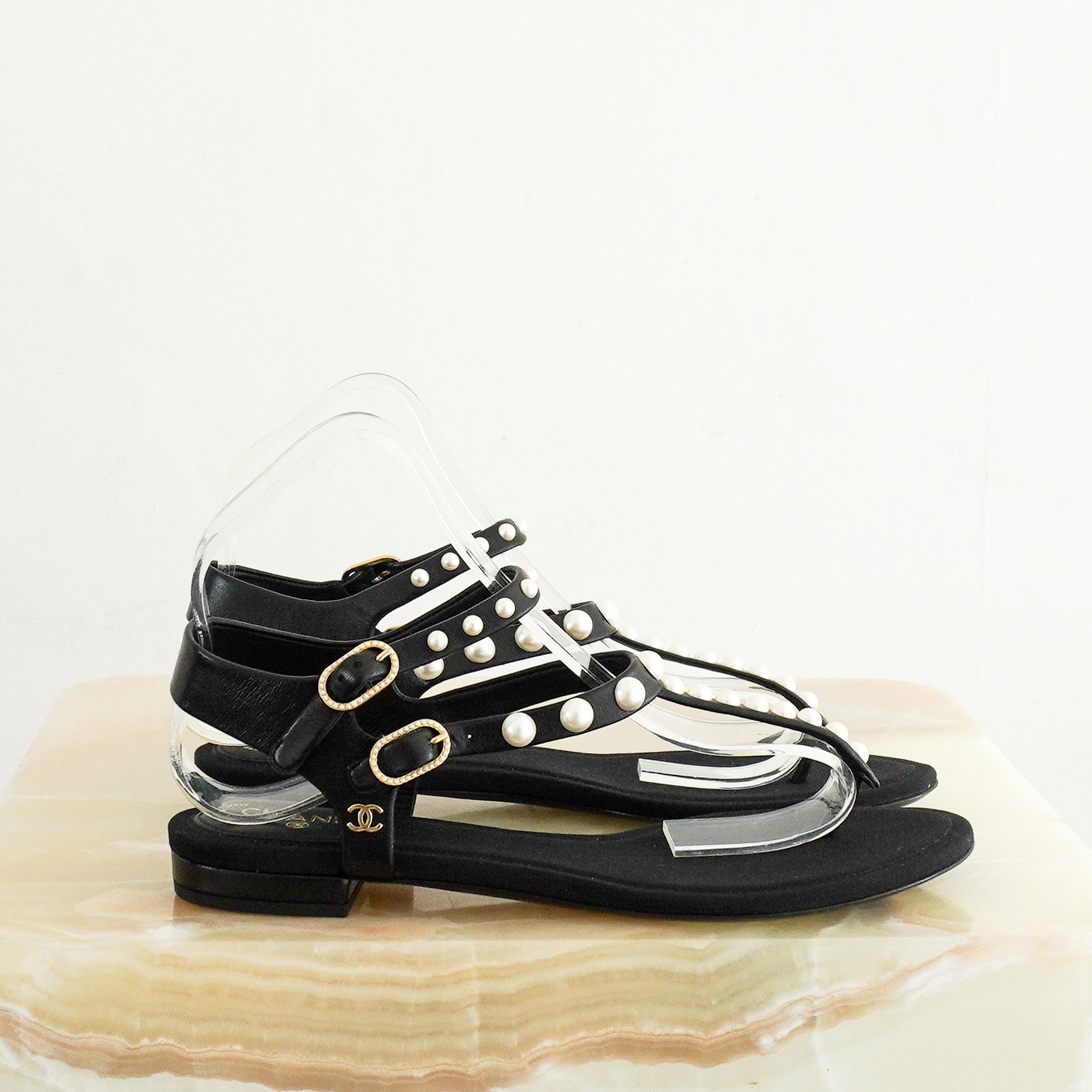 Side NEW Chanel Black Lambskin Leather & Pearl Embellished Sandals