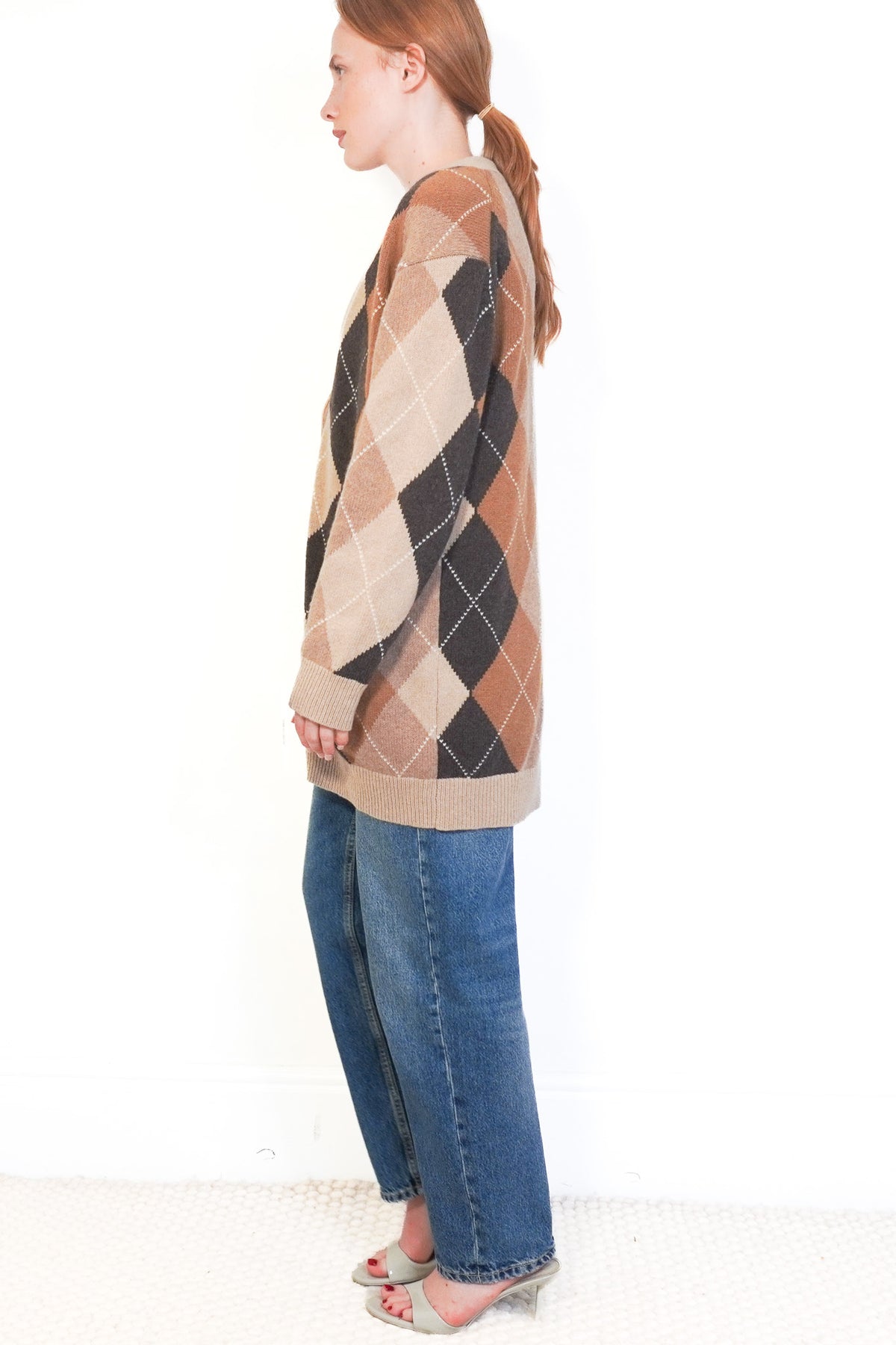 Side: Nili Lotan Sofhie Argyle Cardigan, Cognac & Nutmeg