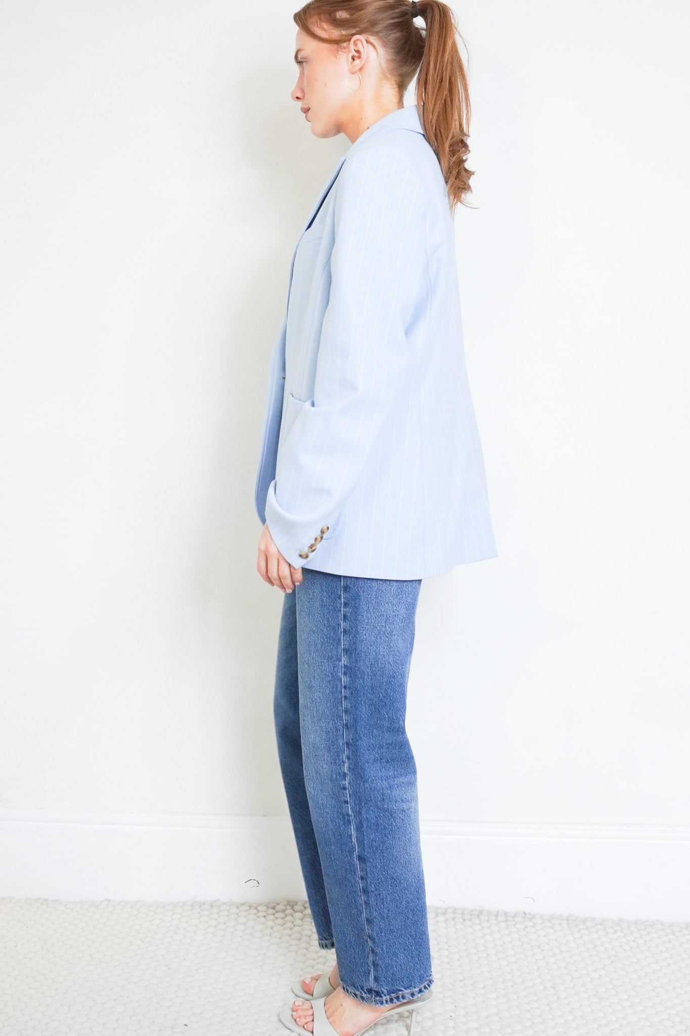 Side Photo of the Me+EM Blue Pinstripe Blazer
