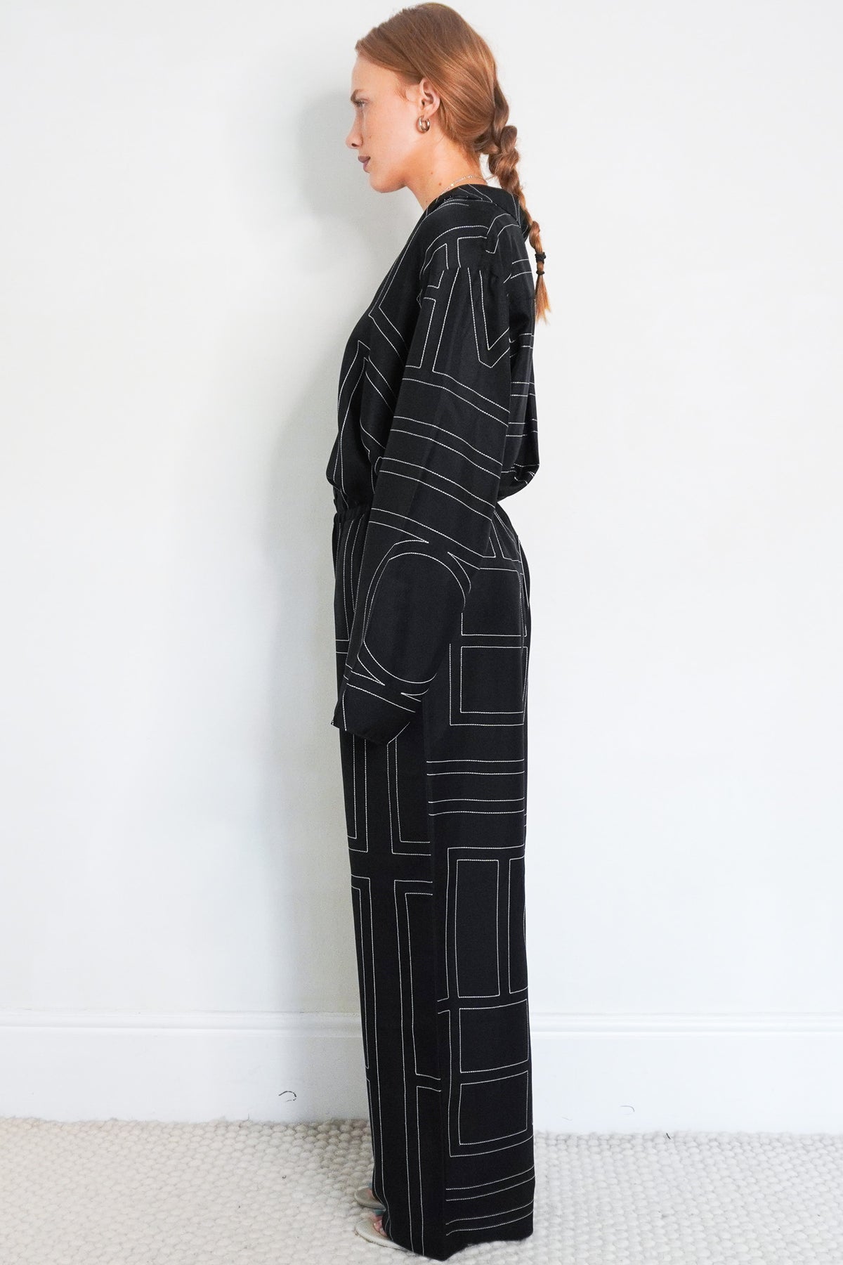 Side Toteme Silk Pyjama Bottoms in Monogramed Black Silk