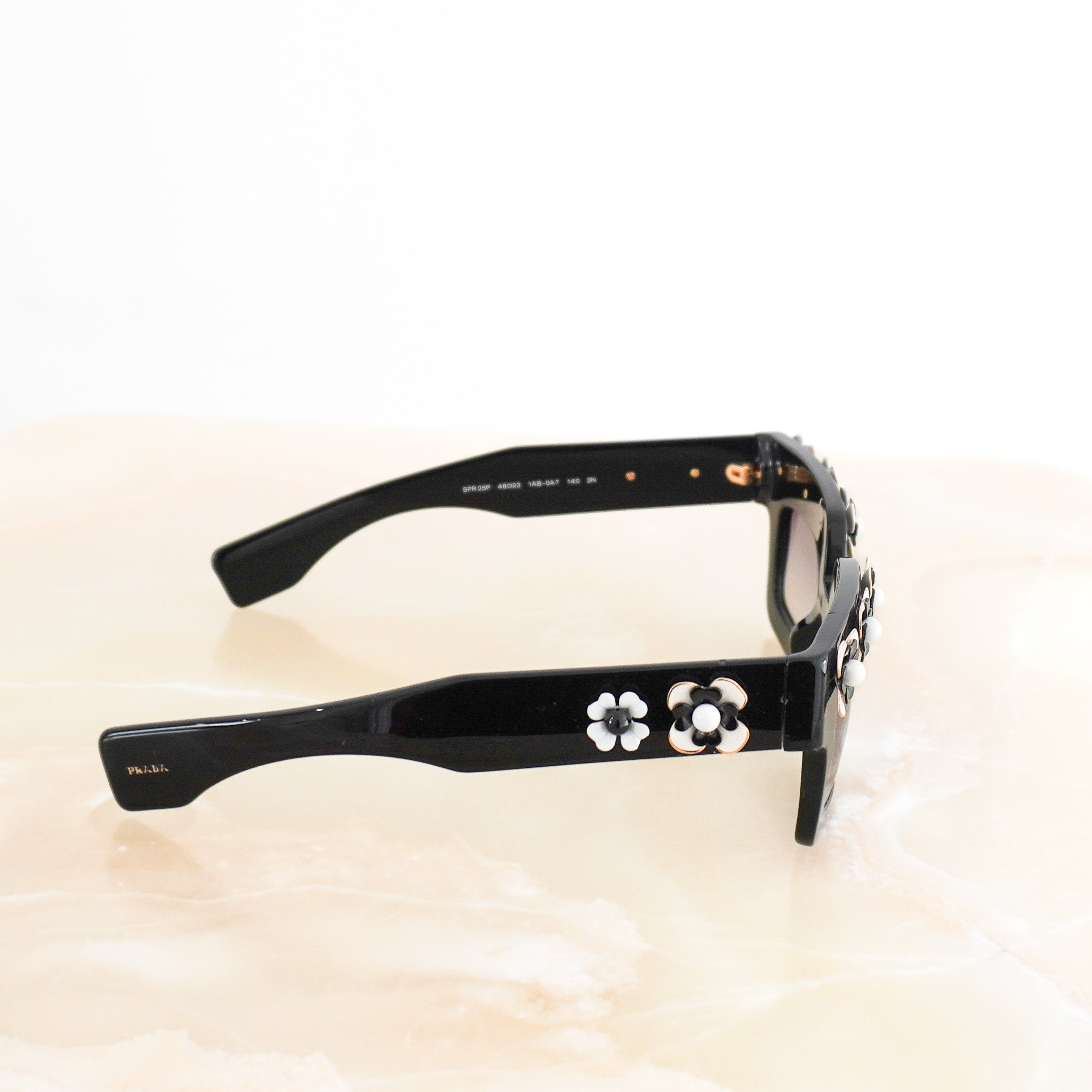 Side image Prada Black Floral Embellished Square Sunglasses