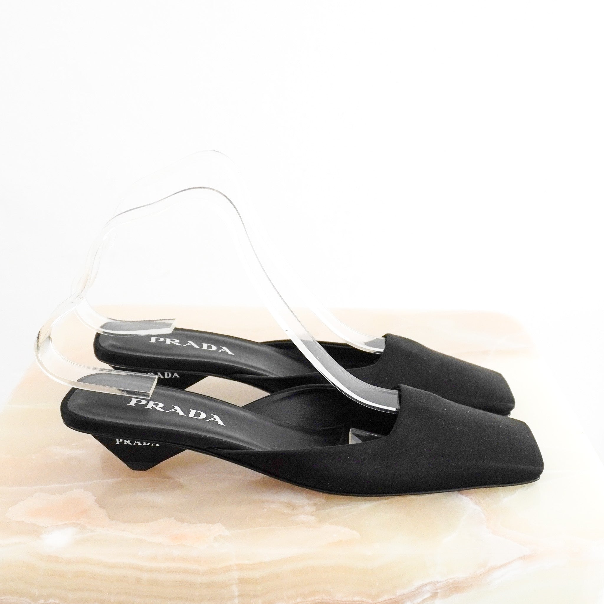 Side image Prada Black Satin Pointed-Toe Kitten Heel Mules Black