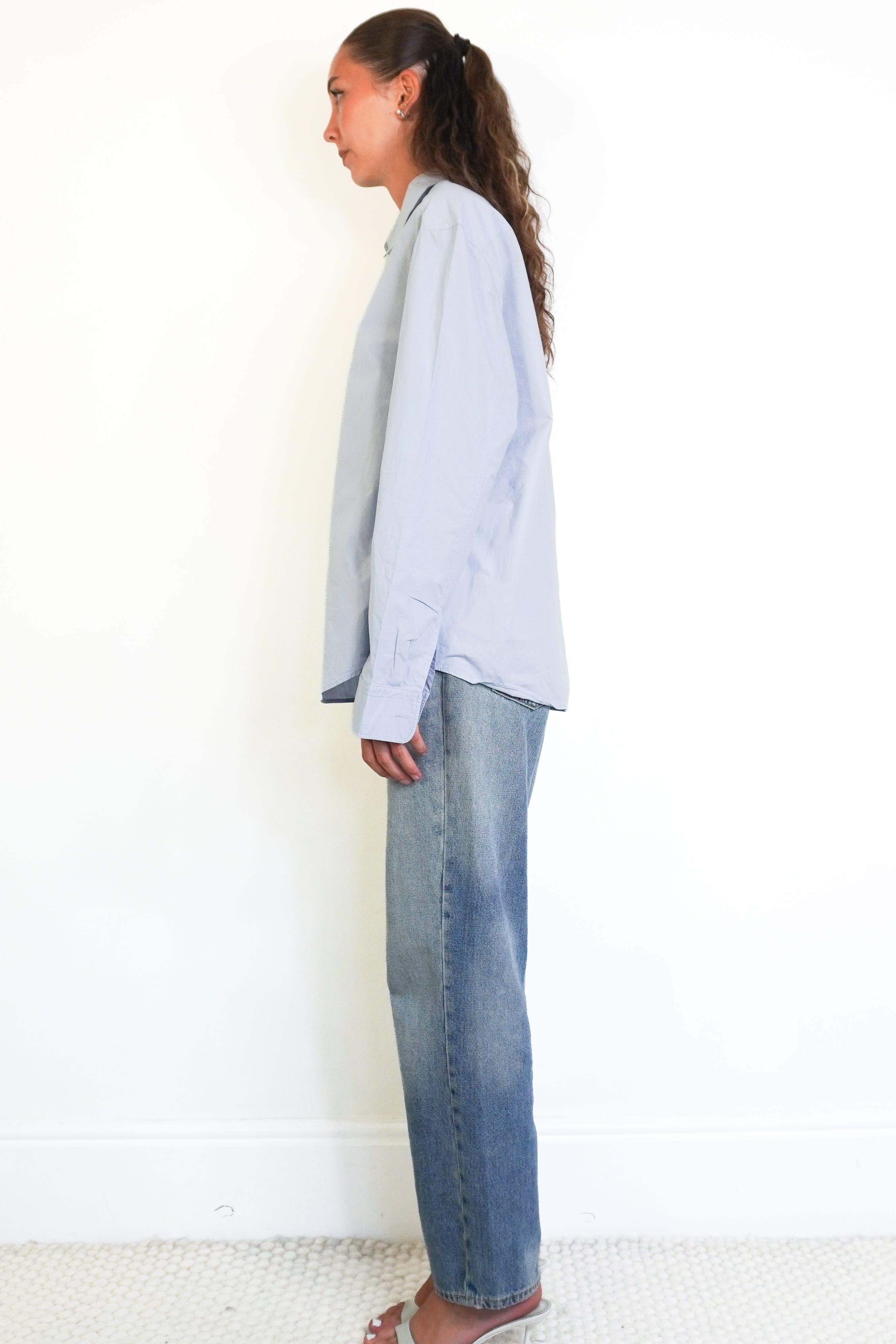 Side image of Khaite Blue Cotton Button Down Shirt