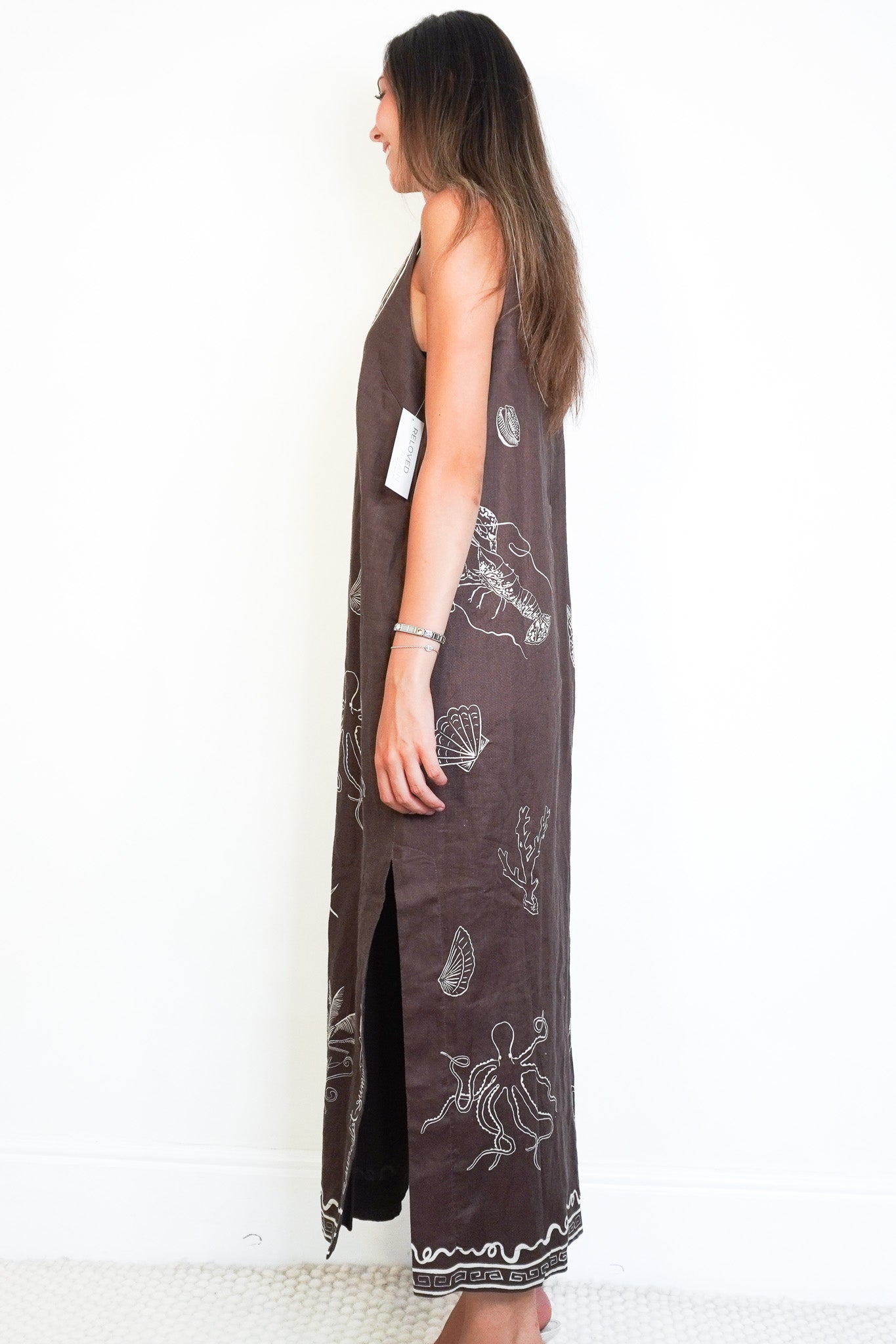 Side image of the Alemais Brown Printed Flax Maxi Dress