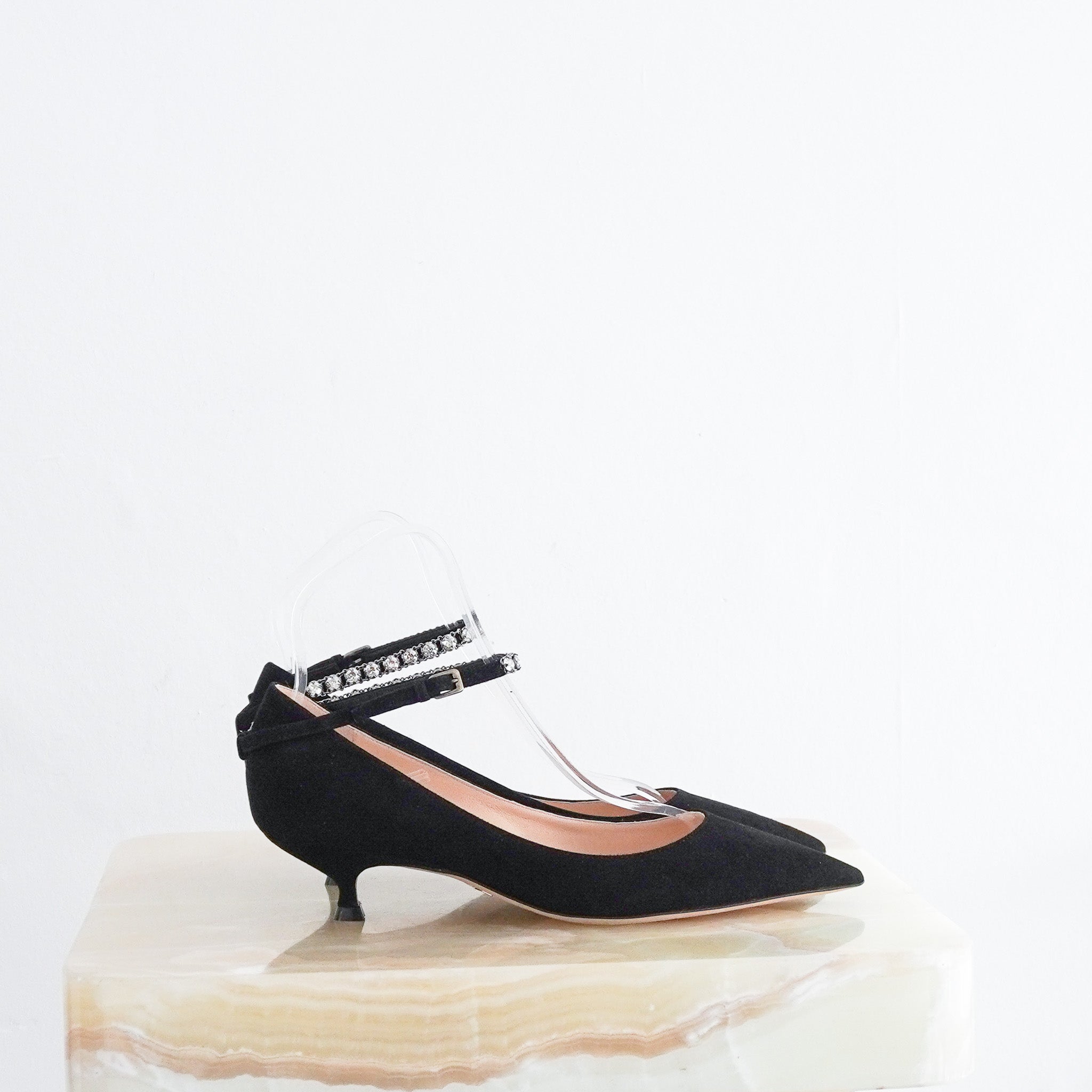 Side image of the Dior J'Adior Suede Kitten Heel Pumps in Black