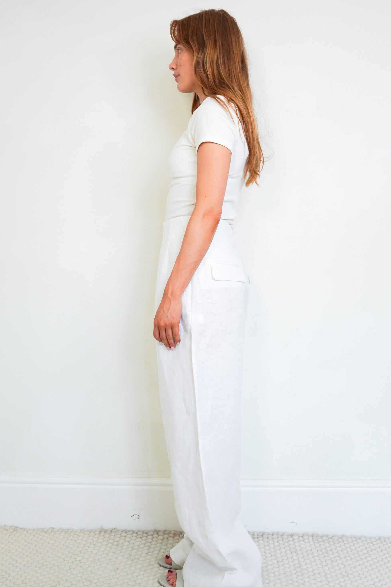 Side image of the Kallmeyer White Linen Trousers
