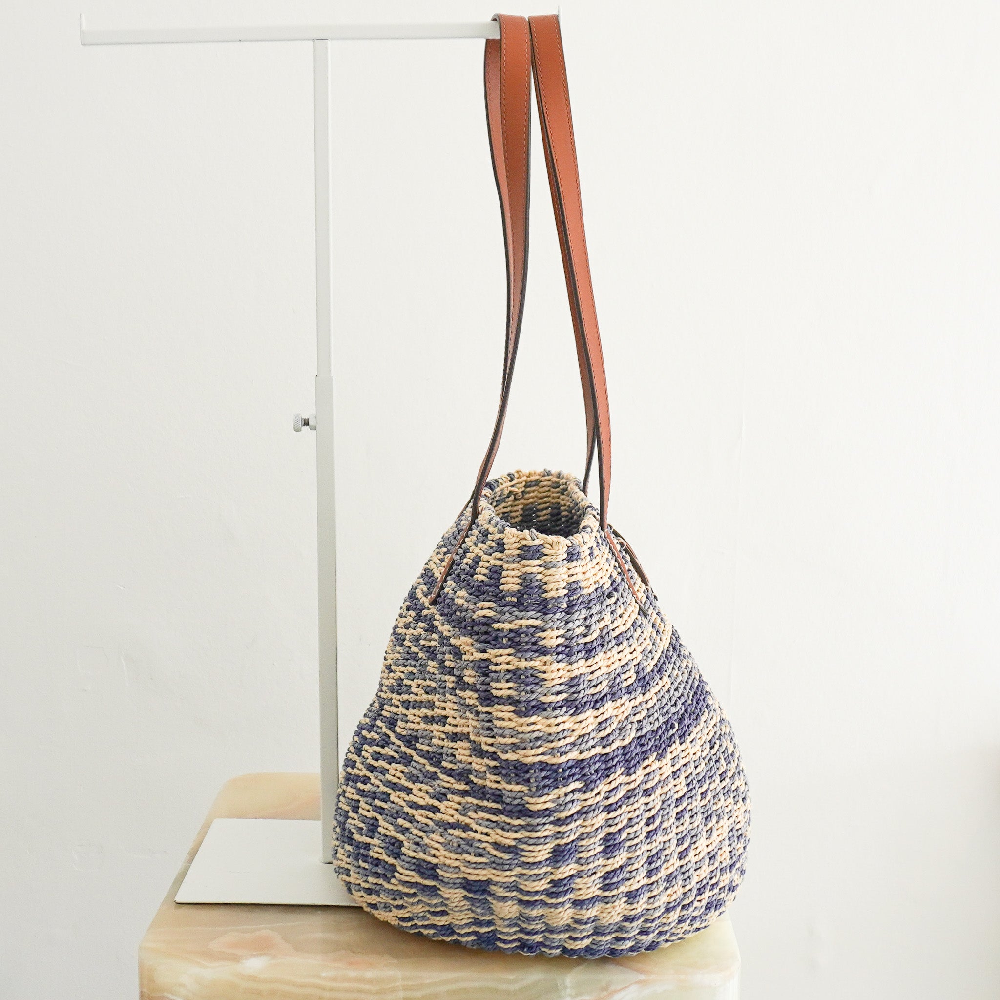 Side image of the Ralph Lauren Beach Bag in Blue and Cream