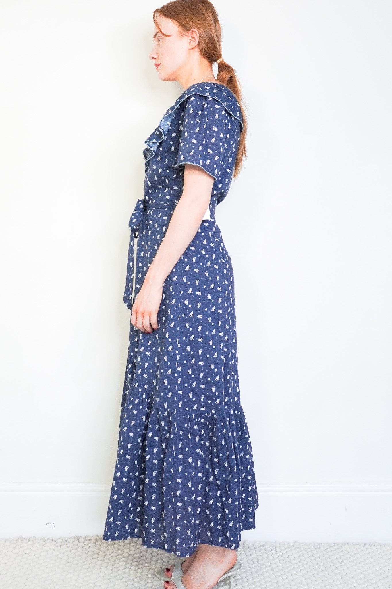 Side image of the St. Clair Theodora Blue Floral Cotton Maxi Dress
