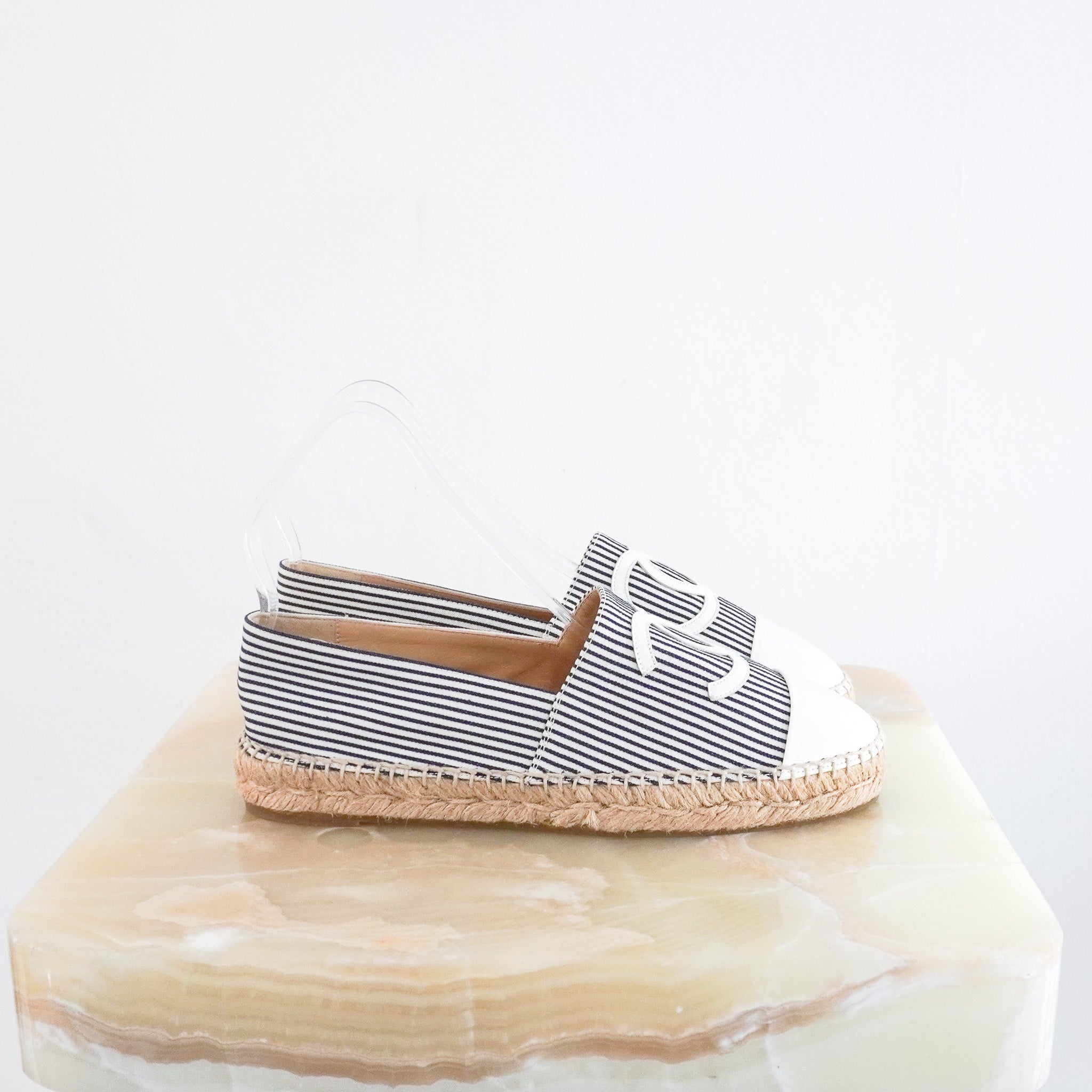 Chanel Navy and White Stripe Logo Espadrilles RRP £750 | Authentic Preloved - Reloved Again