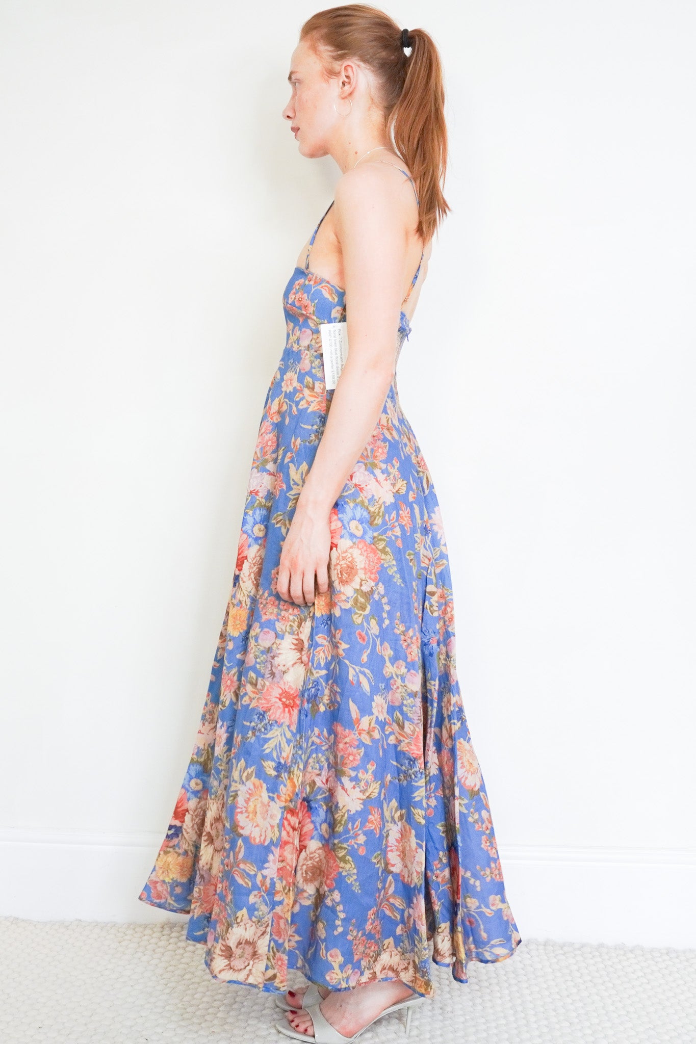 Side photo of the Zimmermann Floral Linen Blue Dress