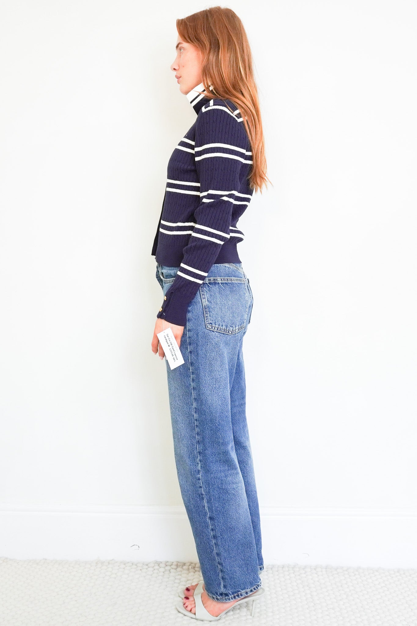 Side photograph of the Saint Laurent Striped Cardigan