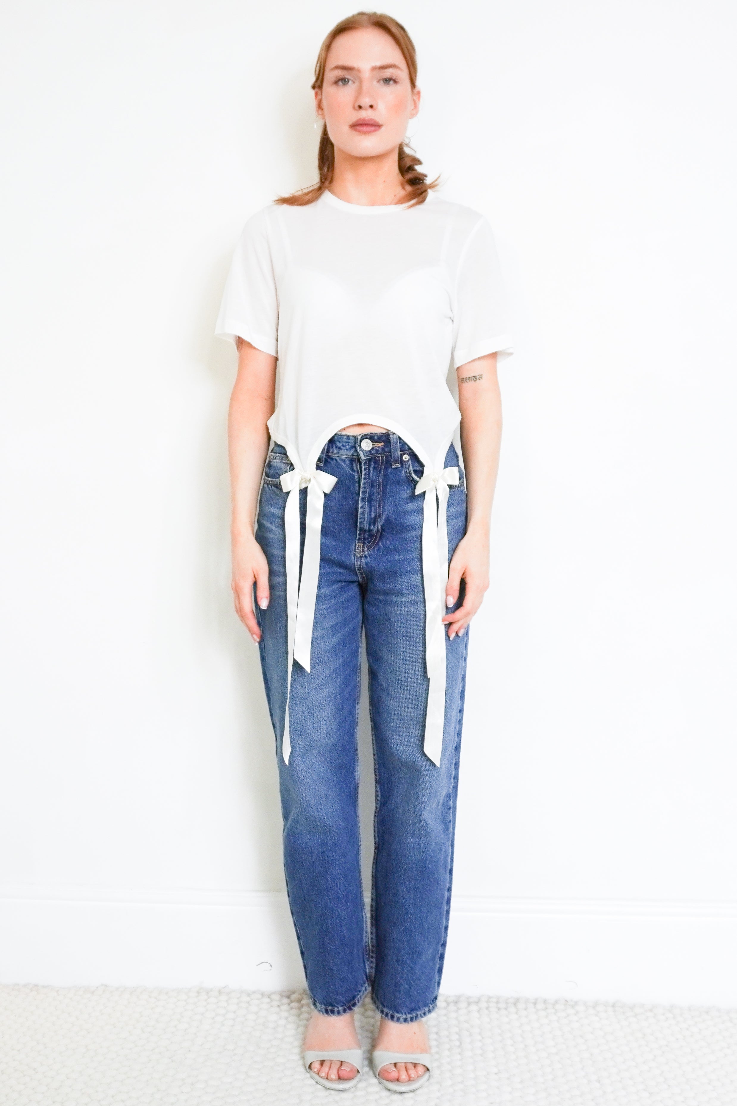 Simone Rocha White Crop Top with Satin Bow Detail front photo chelsea london
