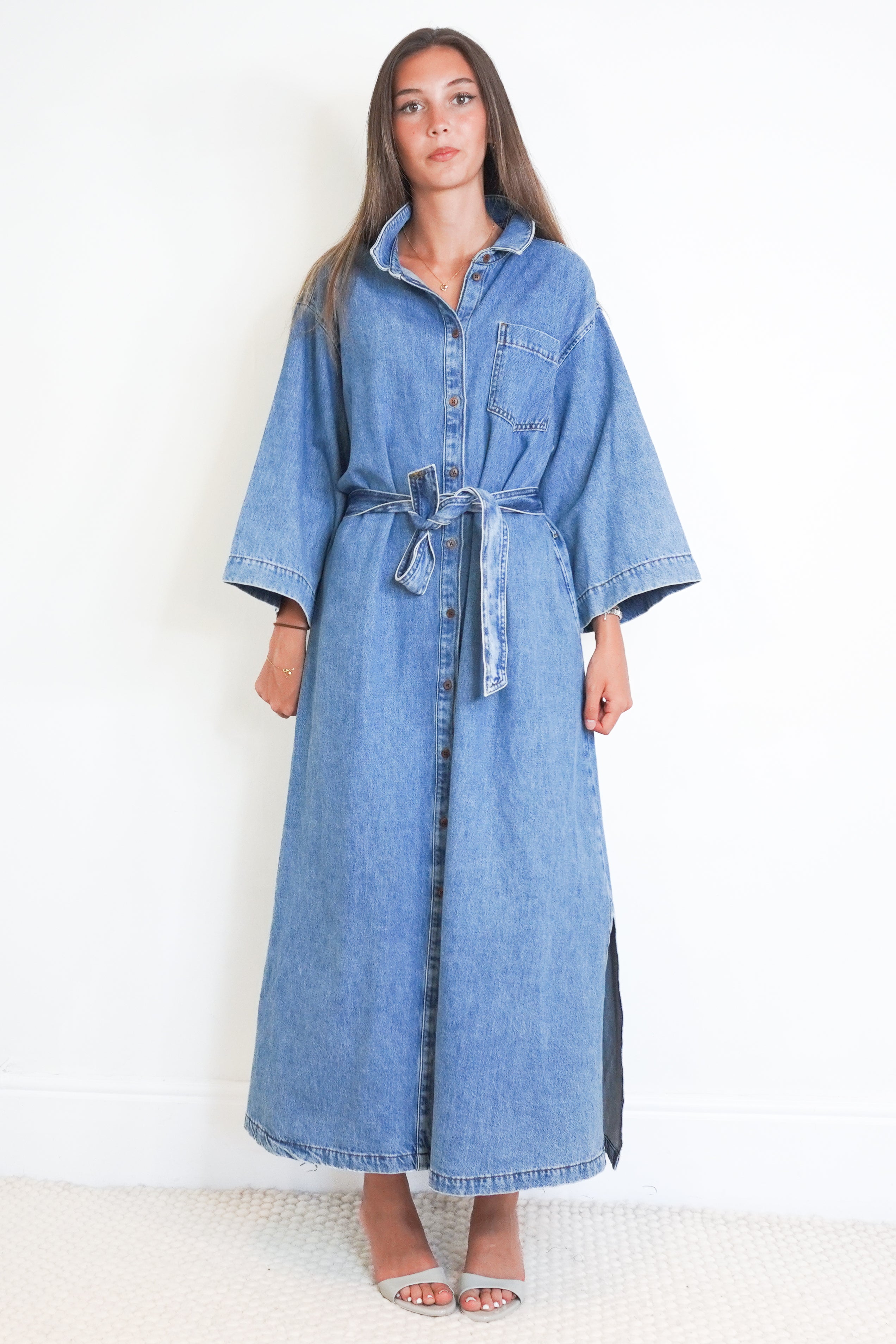 Skall Studio Alba Denim Maxi Dress in Washed Blue front photo chelsea london
