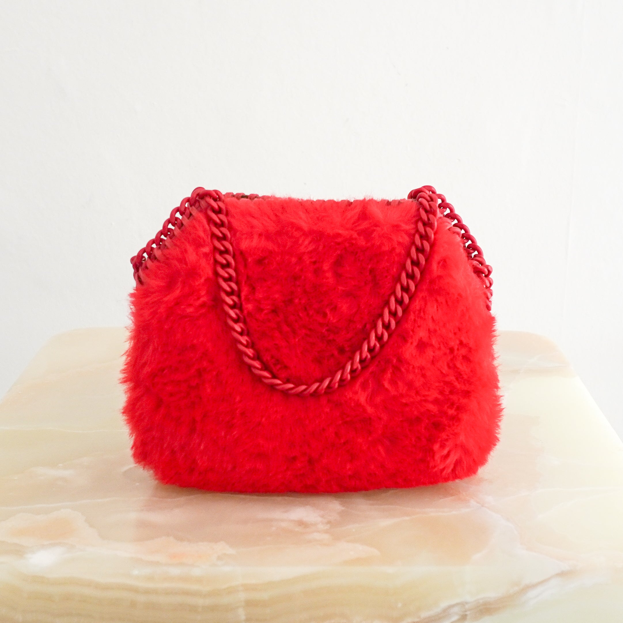 Stella McCartney Falabella Red Faux Fur Mini Tote Bag back photo chelsea london